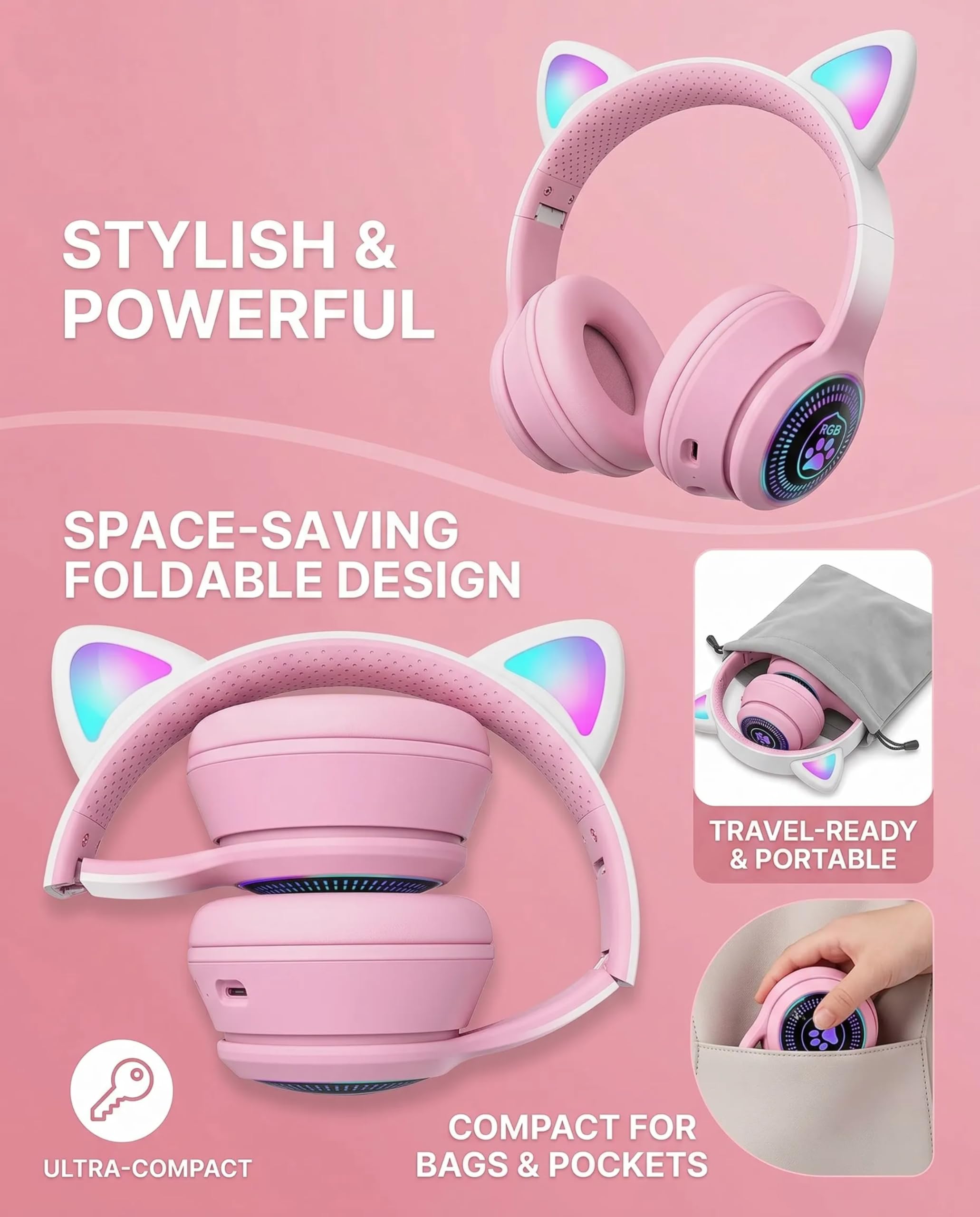 Cat Ear Gaming Bluetooth 5.2 Kabellose Faltbare Kopfhörer mit LED-Licht, Stereo-Spiel Surround Sound Over-Ear Headsets mit Mikrofon AUX für PC, Pad, Handy, Laptop, Spiel, Kinder, Geschenk