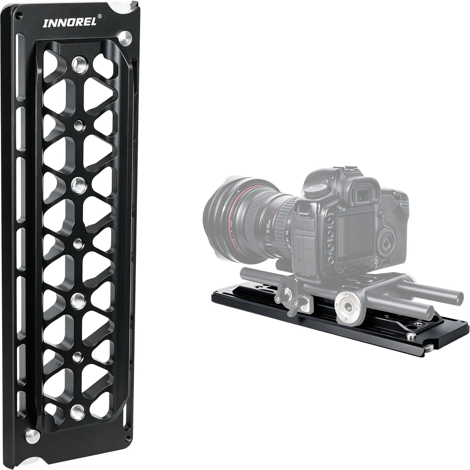 innorel dp30 300mm length 68mm width cine standard dovetail camera plate | 6061-t6 aluminum, hard anodized finish, hollow lightweight build. includes 1/4"-20 & 3/8"-16 holes for cinema rig assembly
