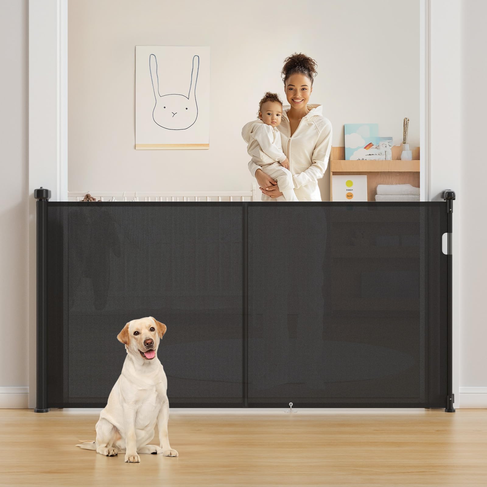 upgrade retractable baby gates extra wide (71" w x 42" h), 71 inch reinforced retractable dog gate to prevent crawling through, retractable gate outdoor/indoor, real one-handed operation, black