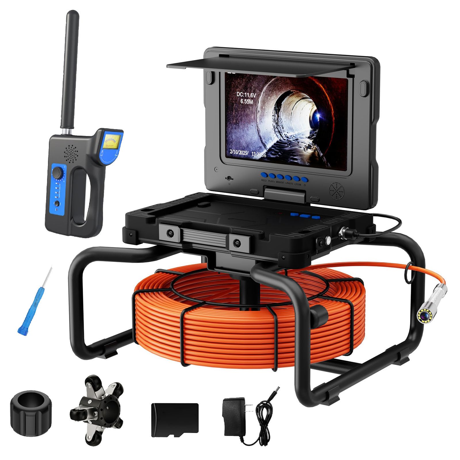 9"AHD 1080P Sewer Camera,Plumbing Scope,DVR Industrial Endoscope,512HZ Transmitter & Receiver Self Balancing,23mm Probe,Meter Counter,12 White LED Lamps,7mm Cable,Municipal Pipeline P(Size:50m(164ft))