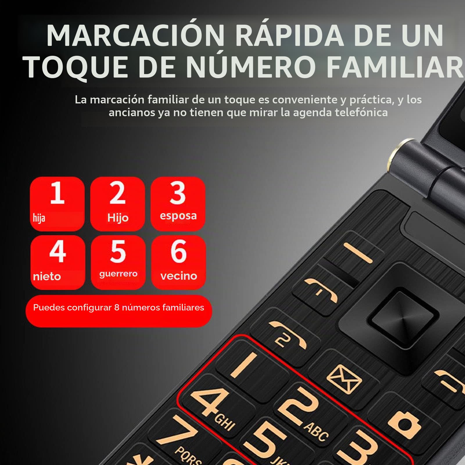 Teléfono Flip para Mayores con Botones Grandes, Móvil gsm para Mayores con Botón SOS, Linterna, Altavoz, Radio, Pantalla Dual, Cámara, 8 Números Familiares (Oro)