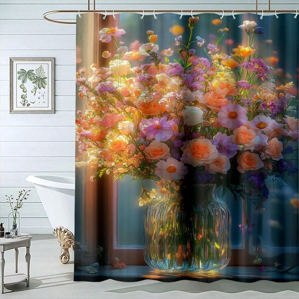 Kolorowa zasłona prysznicowa z bukietem kwiatowym, wodoodporna zasłona do wanny z jasnymi kwiatami w szklanym wazonie i światłem słonecznym (215 x 175 cm/tkanina)