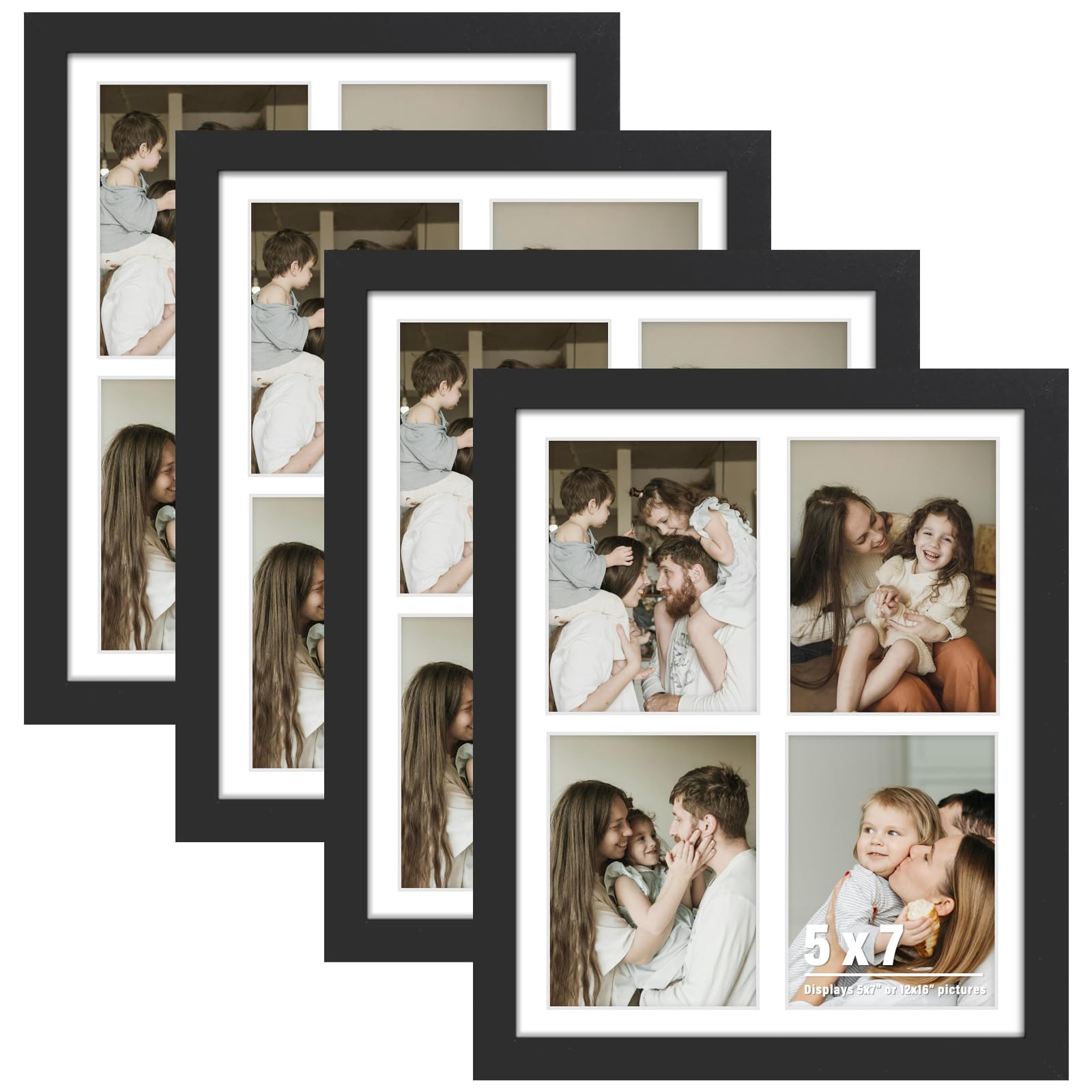 DUENPY 4-Pack 12x16 Picture Frames, 5x7 Collage Picture Frame, Displays Four 5x7 inch Photos, or 12x16 (Without Mat) for Available Horizontal Wall Mounting Display and Vertical, Black