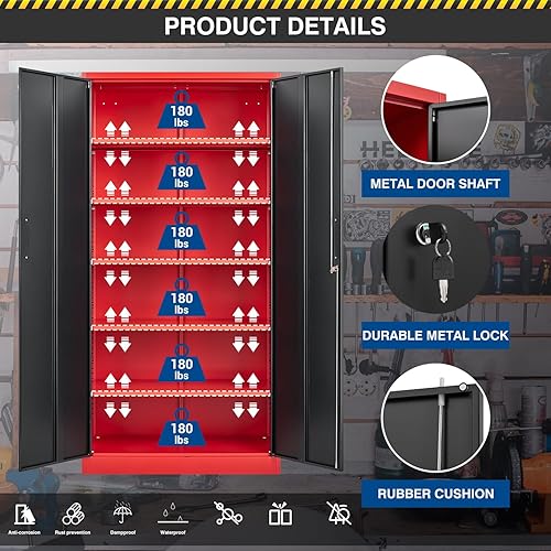 Miniatura 28 de Armario de almacenamiento de metal de 71 pulgadas con cerradura, resistente, gabinetes de herramientas de garaje con puertas y estantes, gabinete