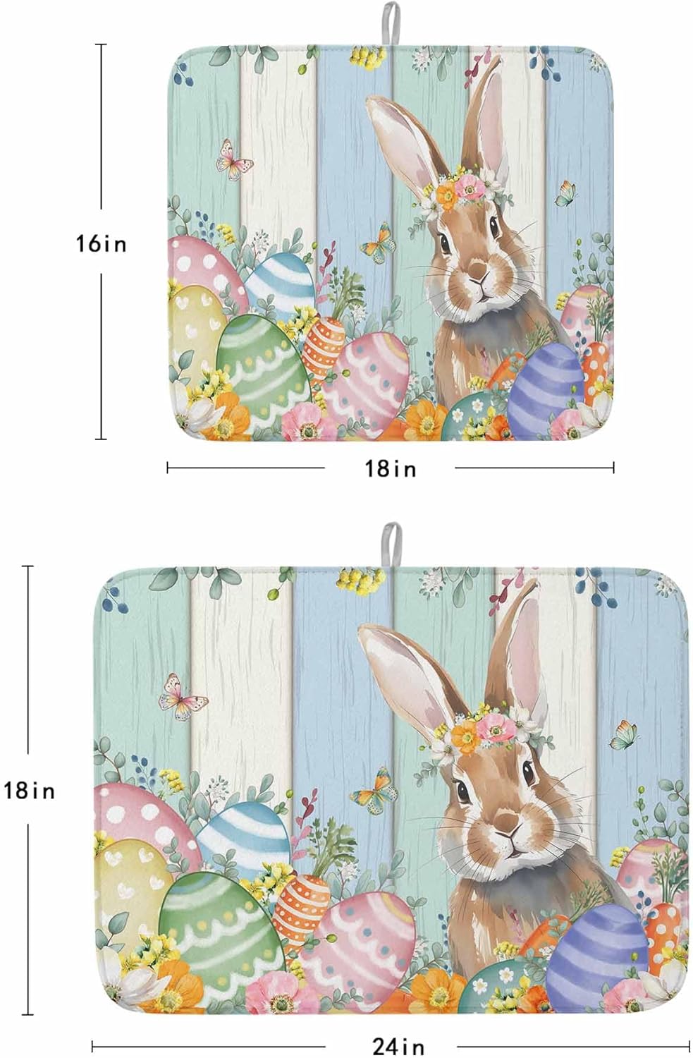Easter Dish Drying Mat for Kitchen Counter, Microfiber Dishes Drainer Mat Rack Pad, Spring Bunny Colorful Floral Eggs Wooden Plank Absorbent Dish Bottle Drying Mats, 18''x24'', 2 Pack