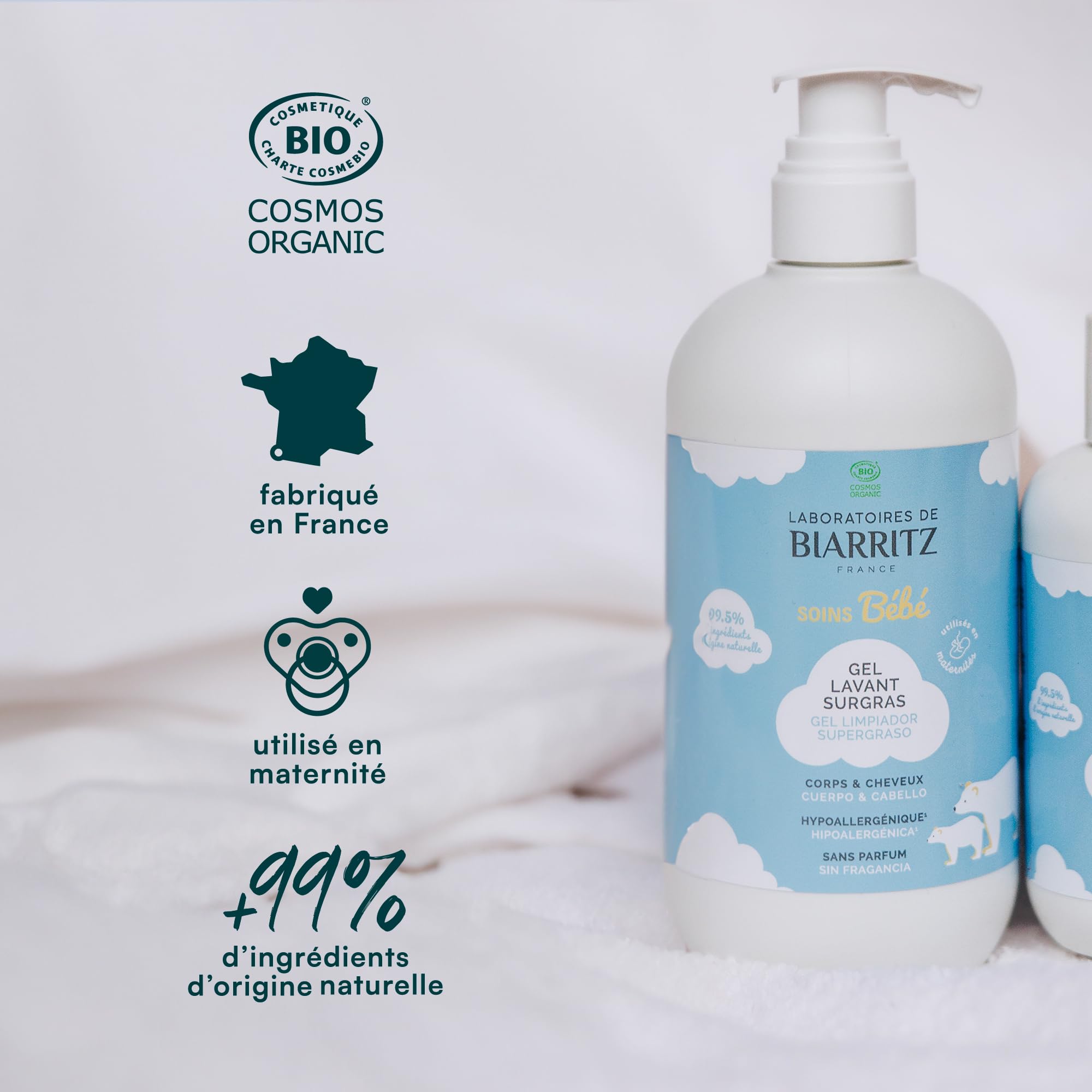 Laboratoires de Biarritz Gel Lavant Surgras Bébé Sans Parfum pH Neutre Certifié Bio 500 ml Fabriqué en France