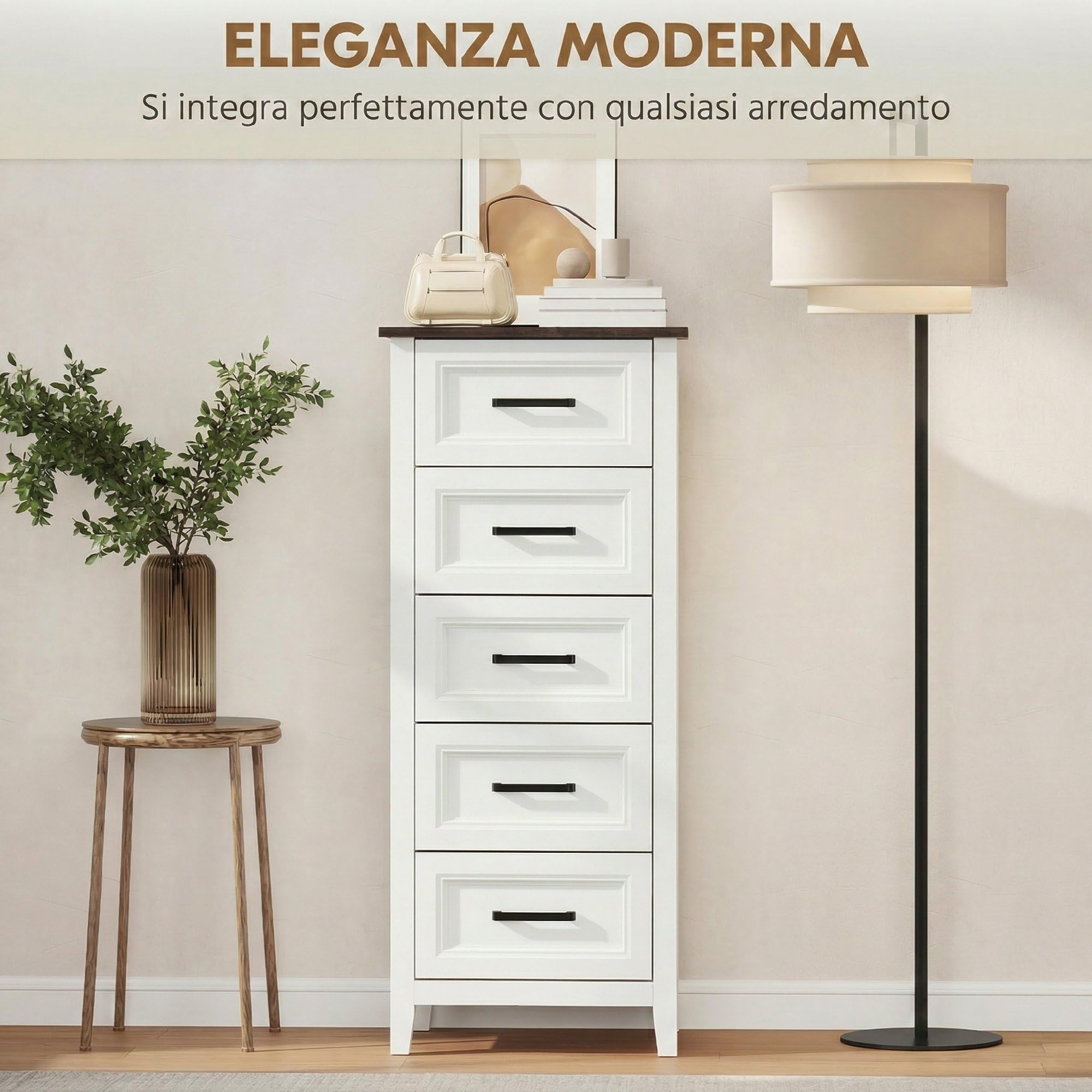 HOMCOM Cassettiera Camera da Letto Stretta Alta con 5 Cassetti, Comò Camera da Letto con Piano Effetto Legno, Cassettiera Salvaspazio per Soggiorno Corridoio Ingresso, 45x35x106 cm, Bianco