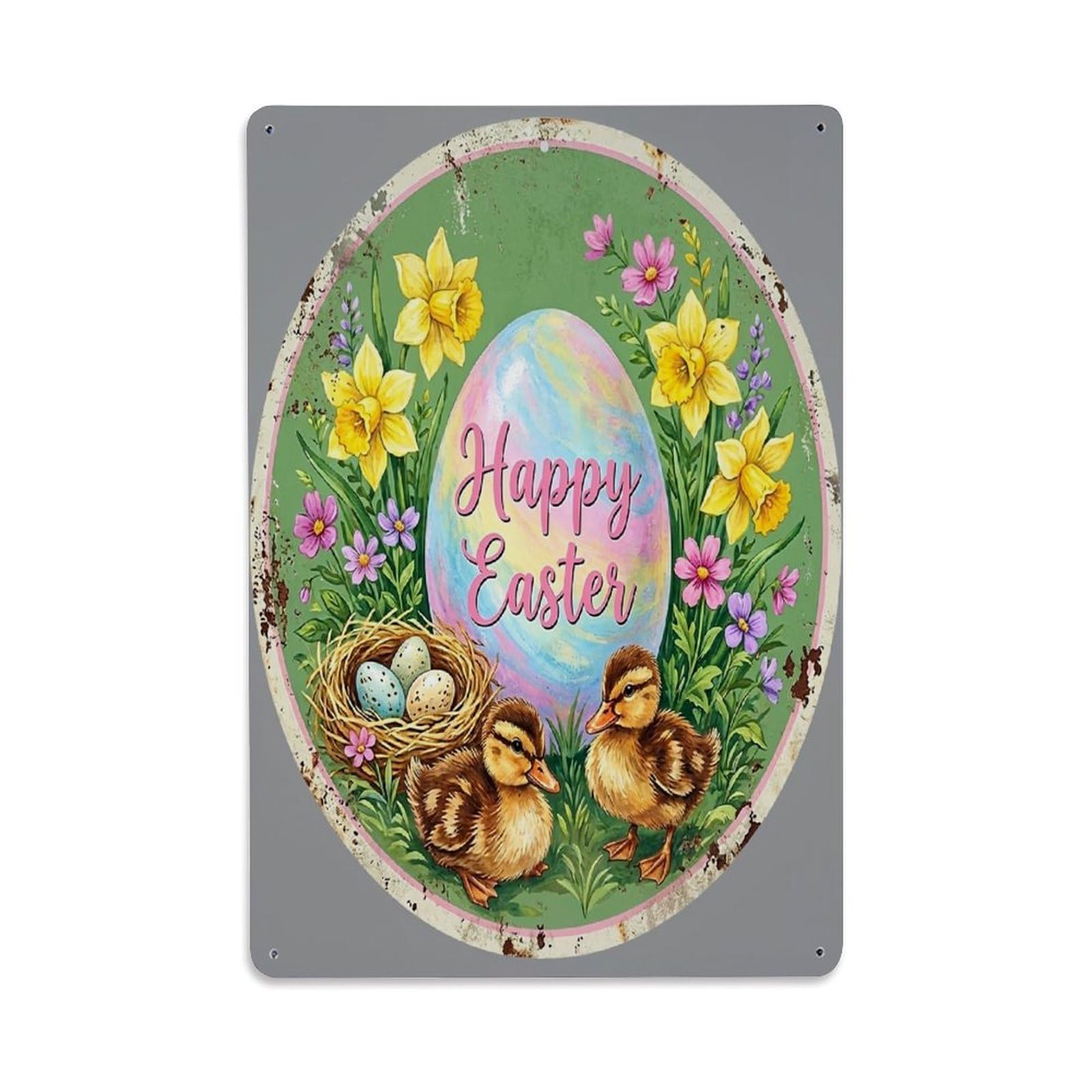 Jdfenggu Vintage Happy Easter Ducklings Flower Nest Retro Metal Tin Sign, Metal Poster For Bar, Home, Man Cave, Kitchen, Laundry Room Art Decor 8X12 Inch
