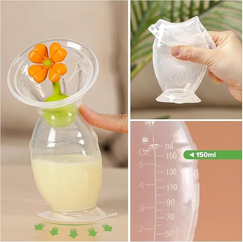 Miniatura 4 de haakaa Extractor de leche manual con base de succión y tapón de flores para lactancia materna (5 oz5.1 fl oz) (naranja)