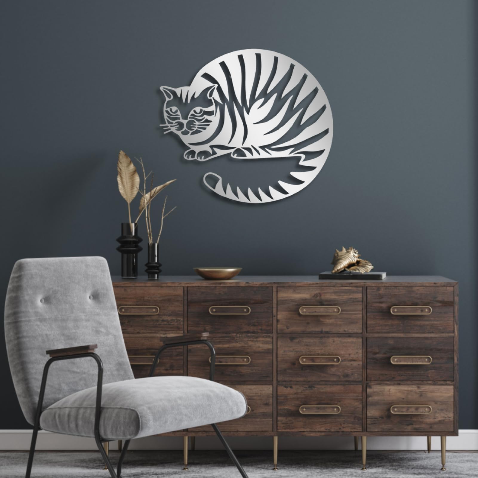 Metalowa sztuka ścienna, dekoracja ścienna kota, geometryczny wystrój kota, minimalistyczna dekoracja ścienna do pokoju dziennego, prezent dla miłośnika kotów, znak, dekoracja ścienna (złoty, 75 x 66
