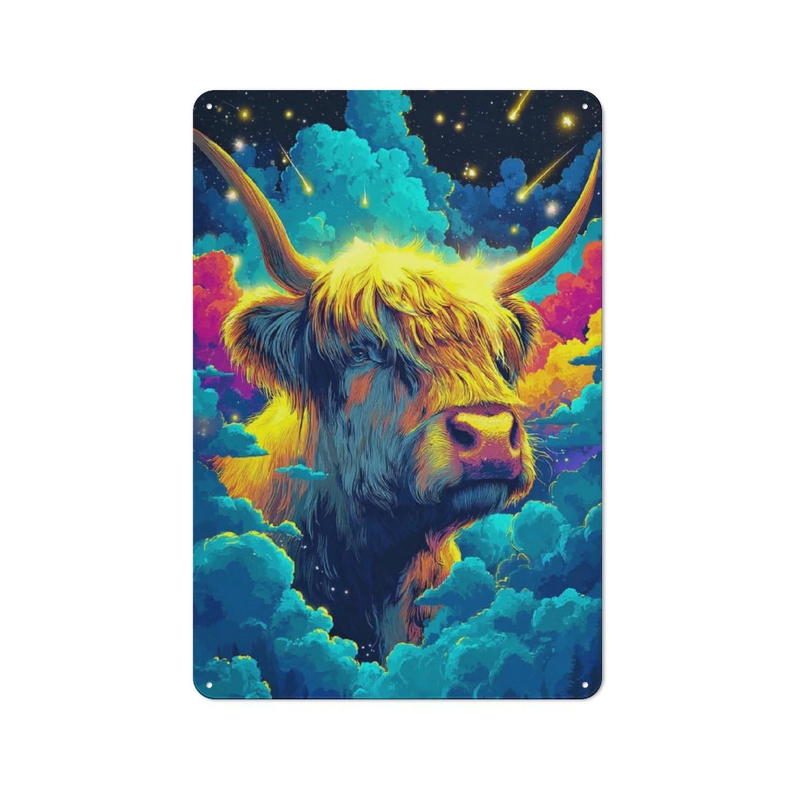 Junmoney Galactic Highland Cow Retro Metal Plaque 30X20cm For Dining Room Or Kitchen, For Home Interiors, Feature Walls And Decorative Displays