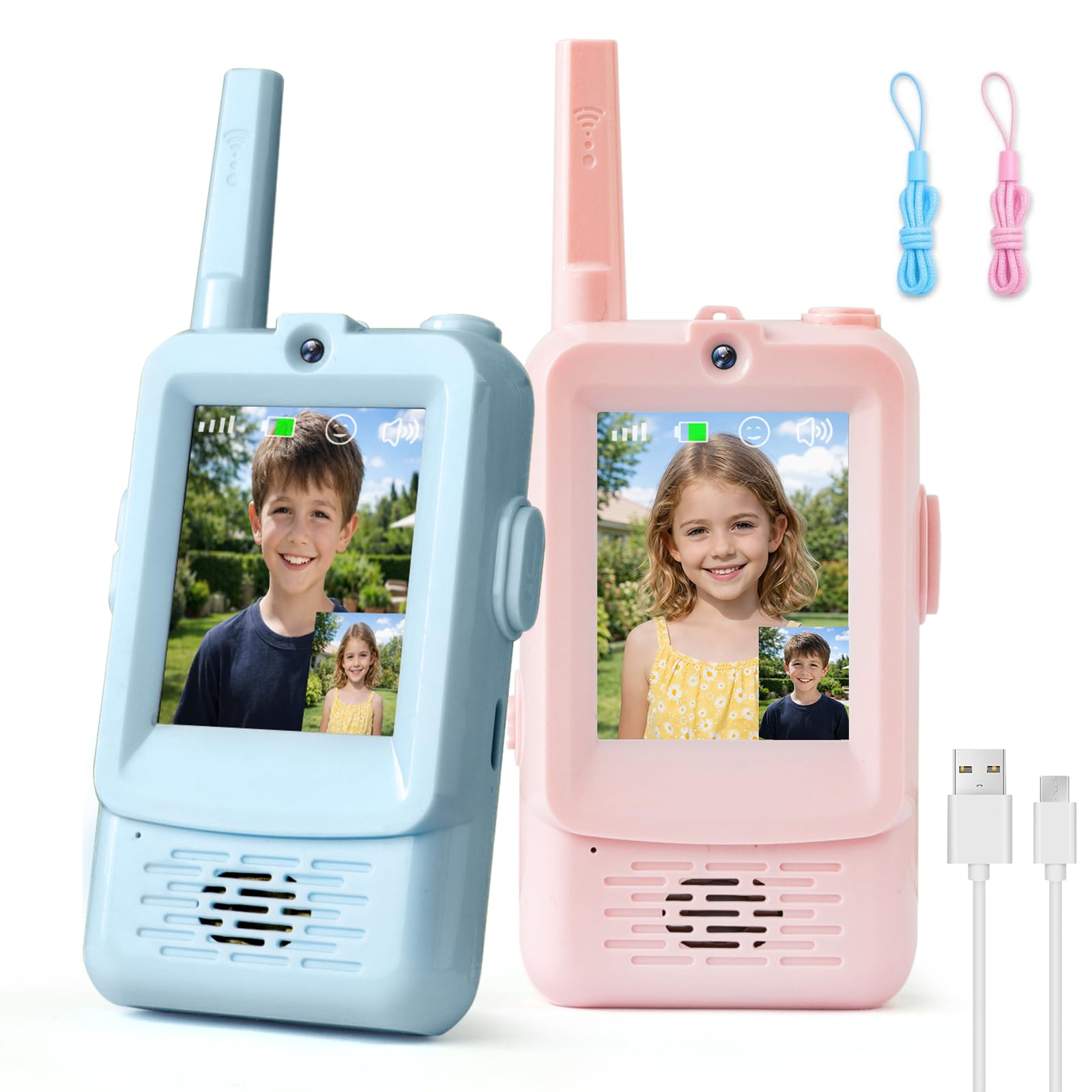 Kangtaixin HD Video Walkie Talkie Kinder, 2er Set Walkie Talkie Kinder Aufladbar, Geschenk Mädchen Junge 3 4 5 6 7 8 Jahre Spielzeug Junge und Mädchen, Walki Talki für Abenteuer im Freien (Blau+Rosa)