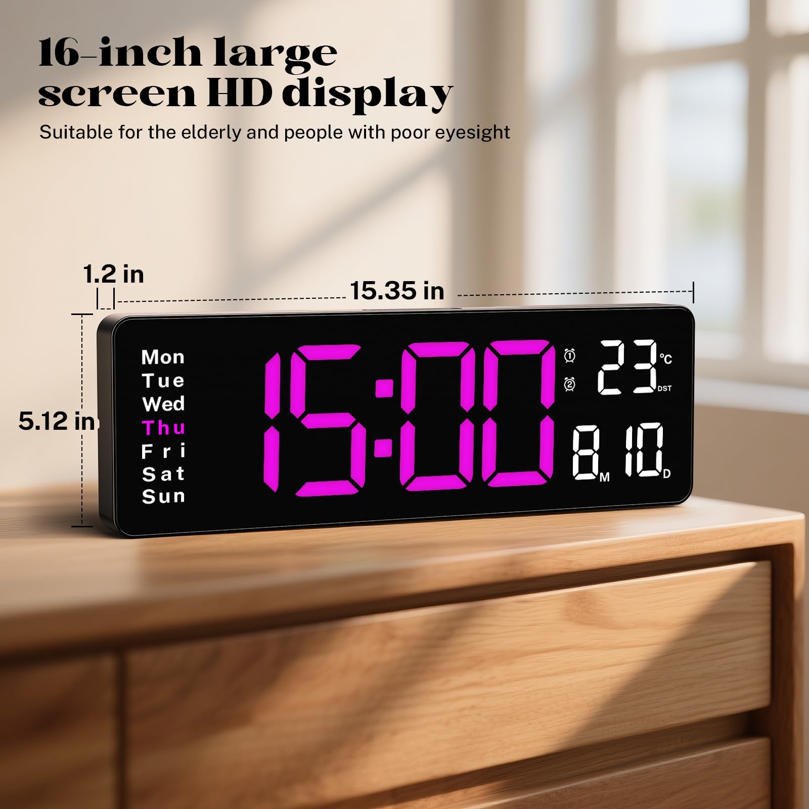 Orologio da parete digitale, con ampio display LED da 40,6 cm, con telecomando, orologio da parete a LED con luce notturna a 8 colori RGB, sveglia, data, settimana, temperatura, DST, per