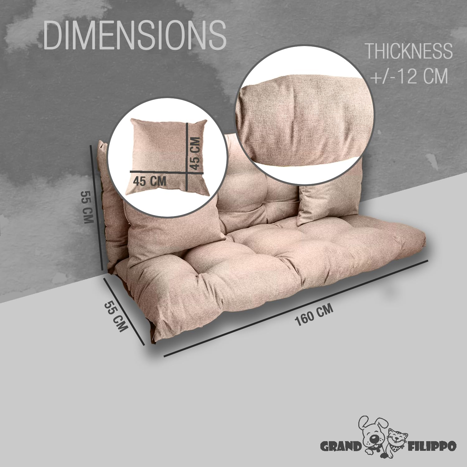 Cuscino Dondolo Da Giardino 3 Posti 160x50x60 - Per Divanetto, Panca, Pallet - Con 2 Cuscini 45x45 cm - Resistente Alla Muffa E All'umidità - Base antiscivolo, Imbottitura spessa - Beige