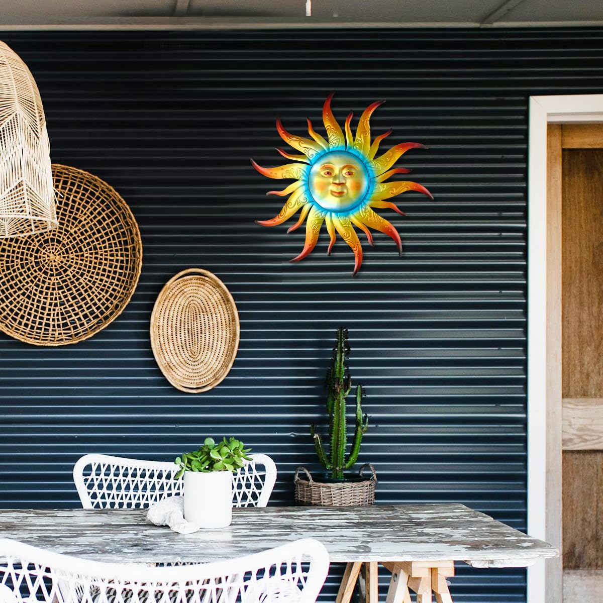 Decorazione Da Parete In Metallo A Forma Di Sole - 33 Cm, Fiore Di Girasole, Colori Caldi, Per Esterno E Interno