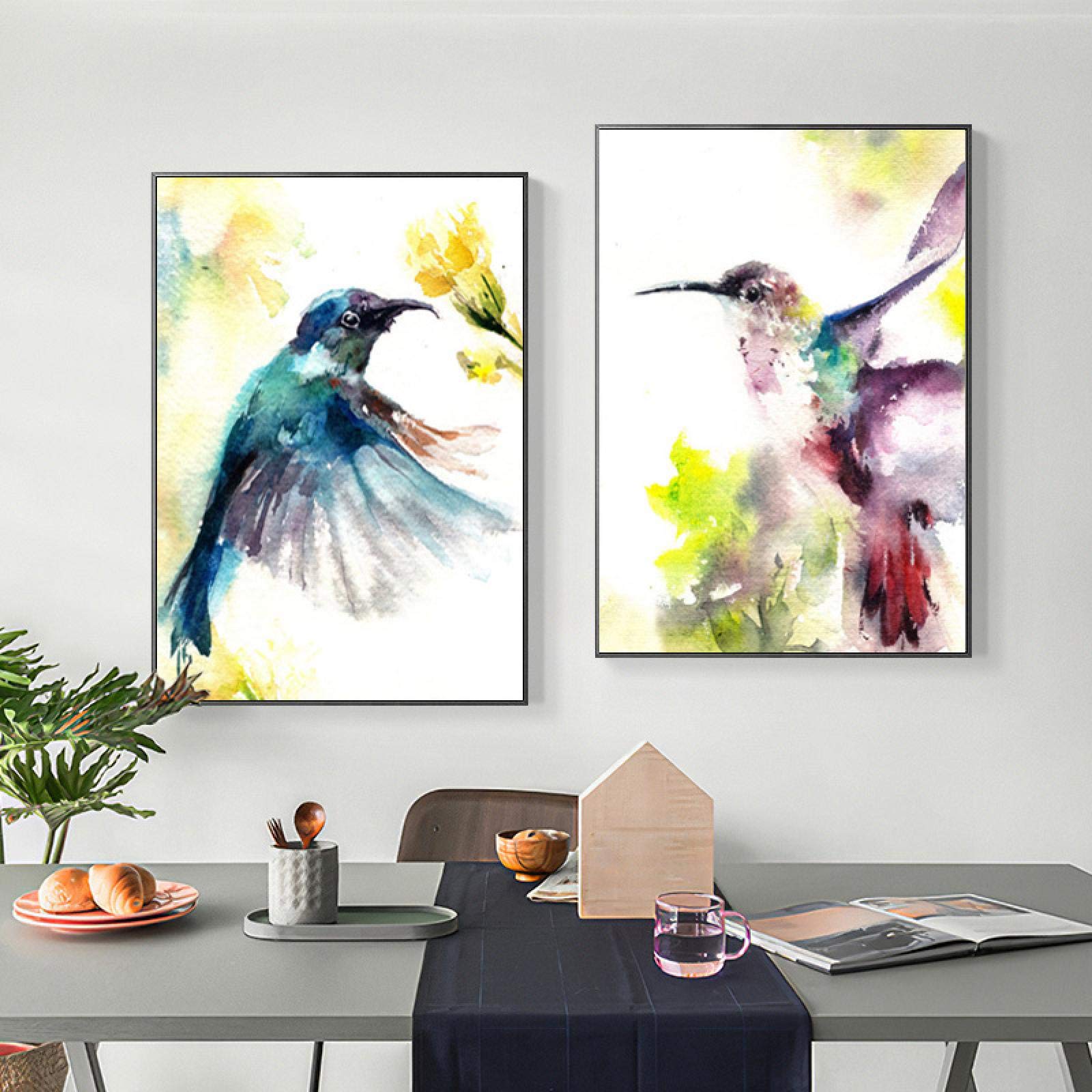Acuarela Colibrí Animal Pósteres e impresiones Lienzo Pintura Pájaro Pintura Arte de la pared Cuadros para niños Sala de estar 30x45cm (12x18in) x2 con marco