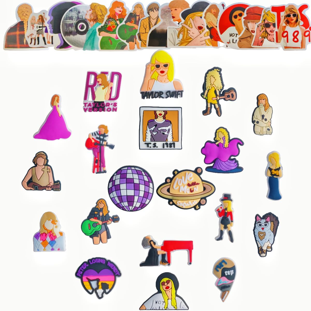 W.SealetCharms for Croc Clogs Bubble Slides Sandals，20 Pcs Charms+50 Pcs Stickers of TS Singer for Teens, Adults, Fans, Shoe Charms Accessories with TS Ablum Stickers DIY Gifts