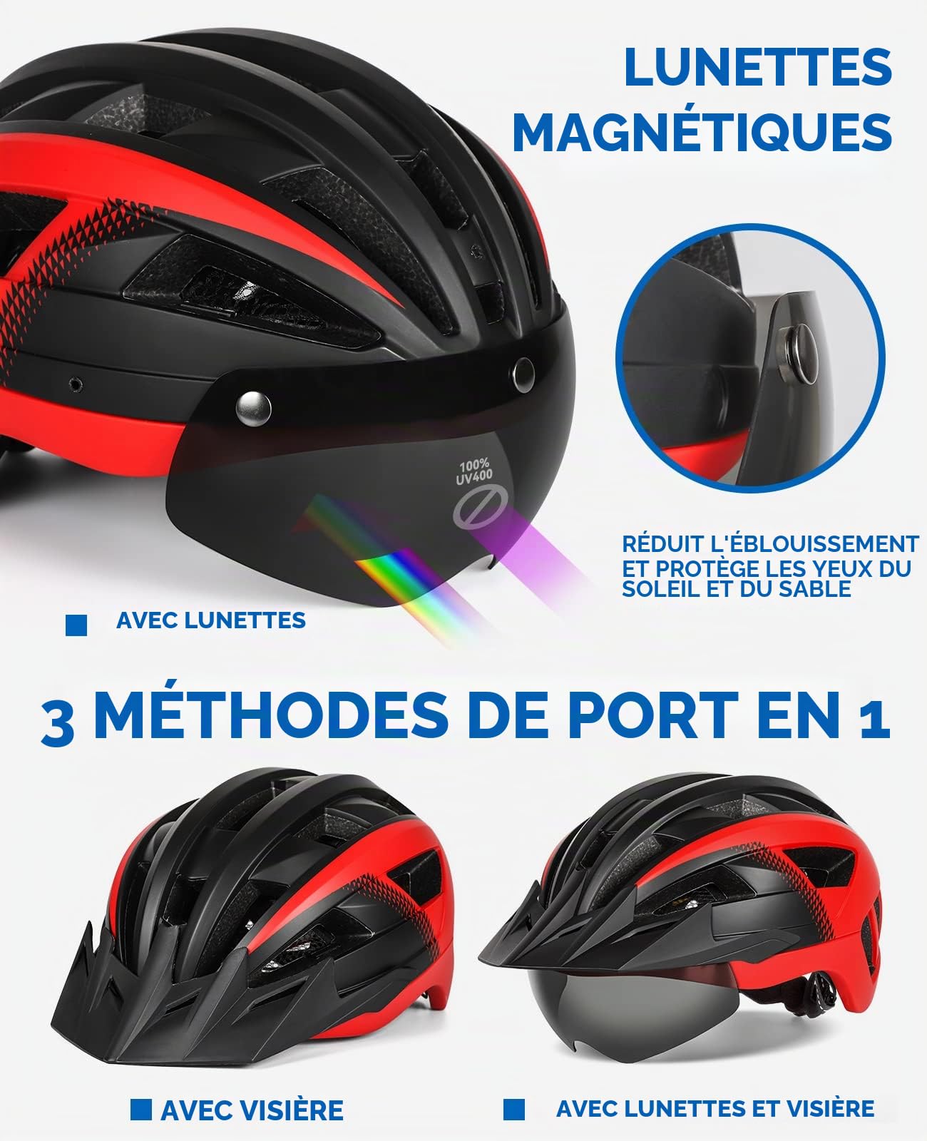 Casque Velo Homme Femme avec Visiere et Lunettes Détachables, Casque Vélo Casques VTT avec Feu Arrière à LED Rechargeable, Casque Cyclisme pour Adulte et Adolescent (L: 57-61 cm, Noir Rouge)