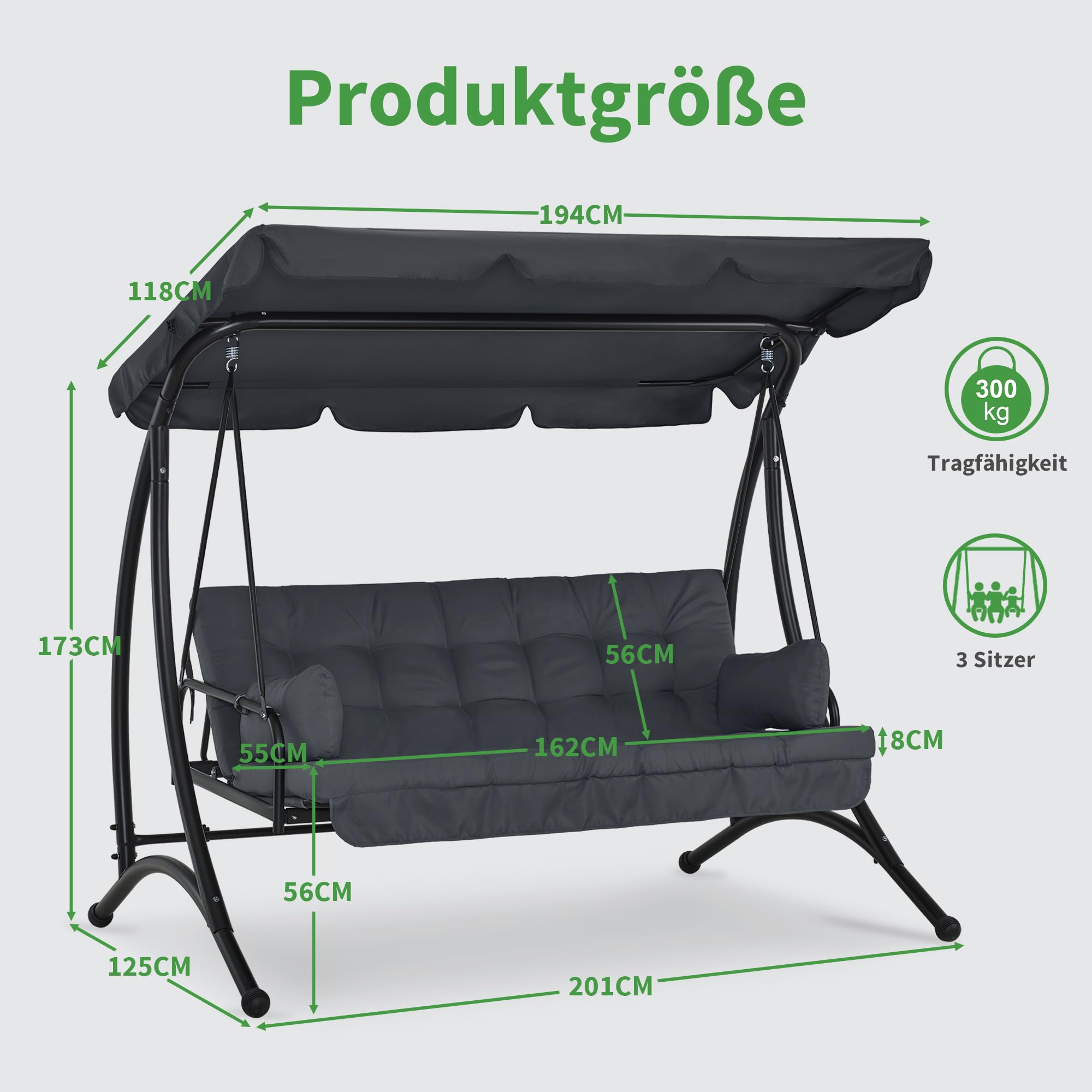 M MCombo balancelle Hollywood 3 Places avec Fonction de lit, avec Coussin d'assise Extra épais et Toit Solaire, balançoire de Jardin pouvant Supporter jusqu'à 300 kg, 202x125x173 cm 4095 (Gris)