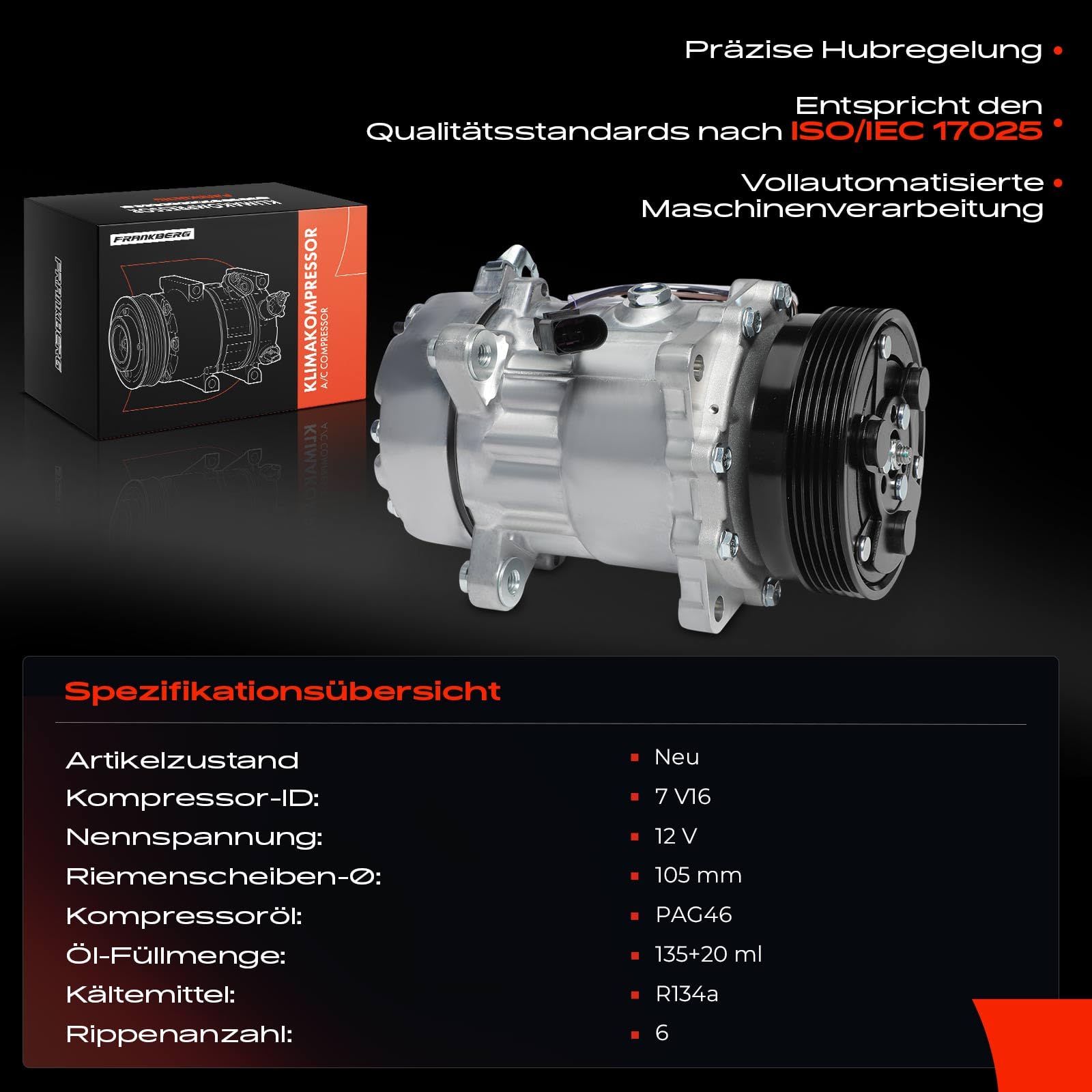 Frankberg Klimaanlagen Kompressor mit Kupplung Kompatibel mit Golf 1J1/1J5 Polo 6V2/6V5 A3 8L1 B.o.r.a C.a.d.d.y II/III Galaxy Oct.avia Toledo Transporter Replace# 1J0820803B, Öl vorbereift
