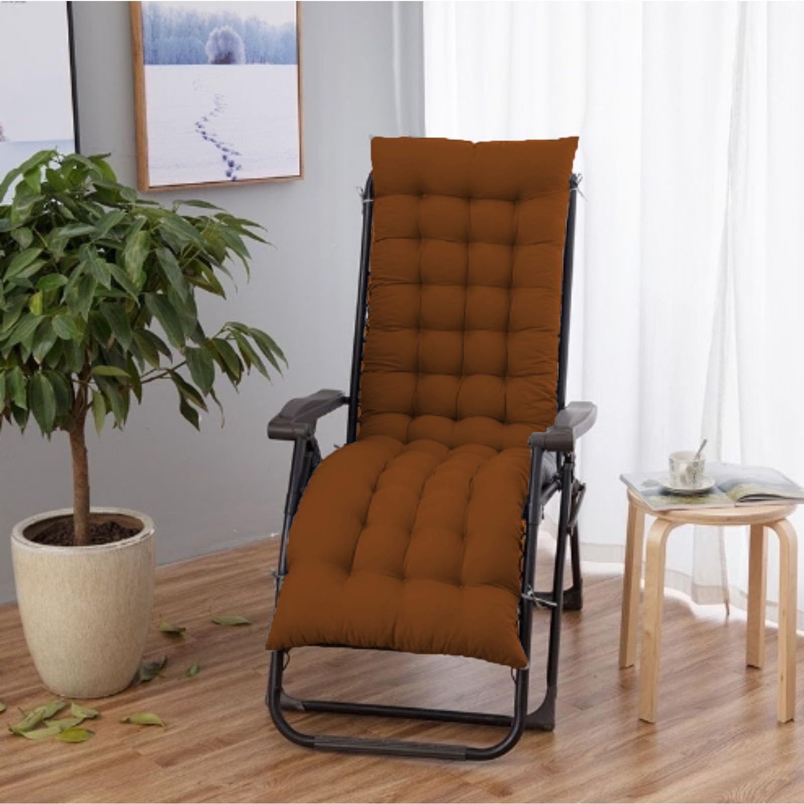 BangDon Solid Color Sun Lounger Cushion Portable Garden Patio Thick Padded Bed Rocking Chair Cushion with Anti-slip Straps for Travel Holiday (Brown,120 * 40cm)
