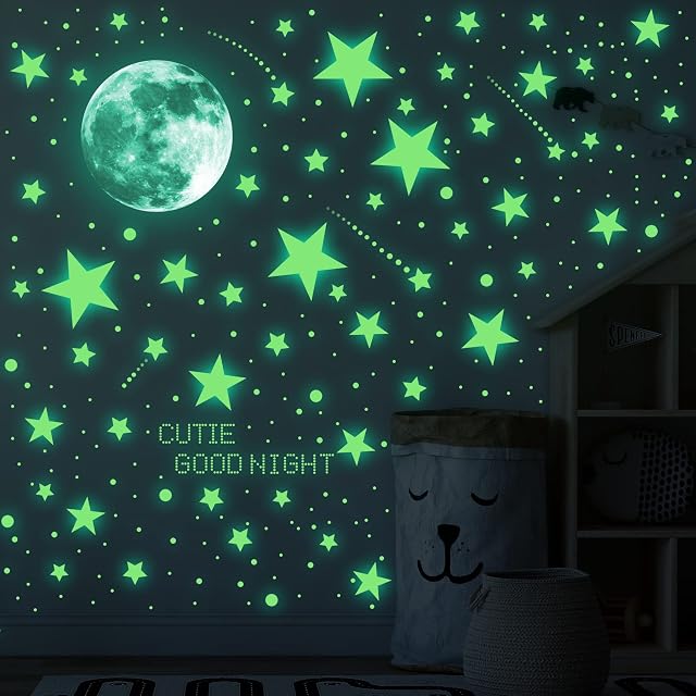 ECHOCUBE 637pcs Glow in the Dark Wall Stickers,114pcs Realistic 3D Luminous Stars, 1 Moon Wall Stickers,522pcs Dots for Ceiling or Walls,DIY Luminous Adhesive Stickers for Kids Baby Bedroom Decoration