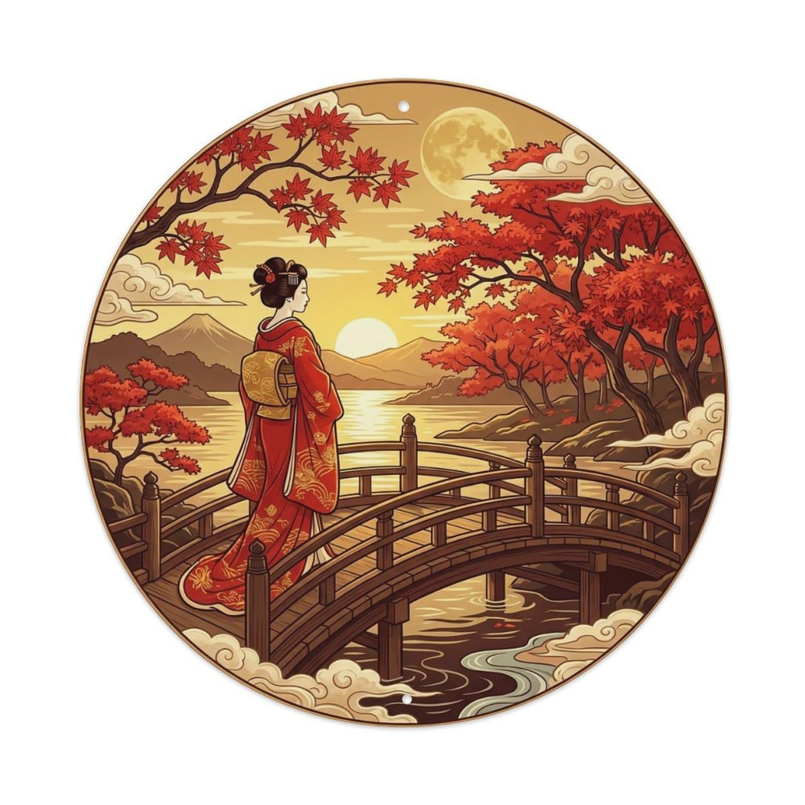 Yrnq 8X8inch Vintage Style Japanese Kimono Lady Sunset Maple Viewing Elegant Scene Metal Tin Sign