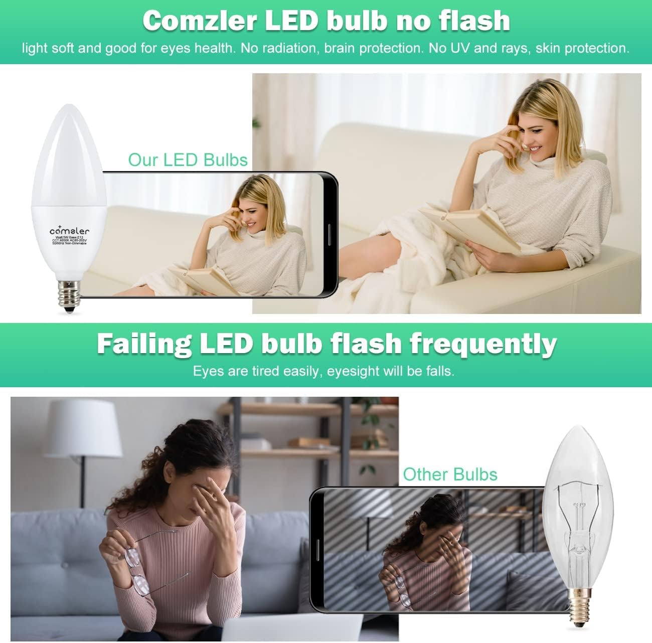 comzler E12 LED Bulb Candelabra Base, Type B LED Bulb 60 Watt Equivalen 4000K Natural Daylight B11 Small Base, Chandelier Ceiling Fan LED Light Bulbs 500 Lumens No-Dimmable Pack of 6