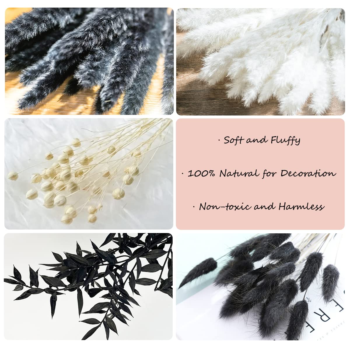 CAMDUCK Herbe de Pampa séchée Ensemble de Fleurs Séchées Noires, Arrangement de Bouquet de Plantes Séchées, Fleurs Séchées Blanches Fleurs Séchées pour Décor Boho Salon et Vases