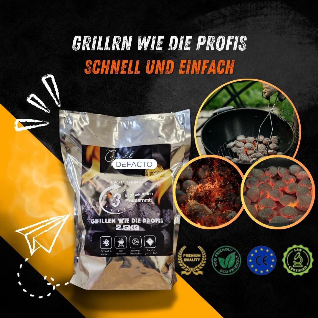 DEFACTO Grill Brikett - Umweltfreundliche Holzkohle für Einfache und Effiziente Grillabende, Schnell Anzündbar, Lange Brenndauer - 15KG
