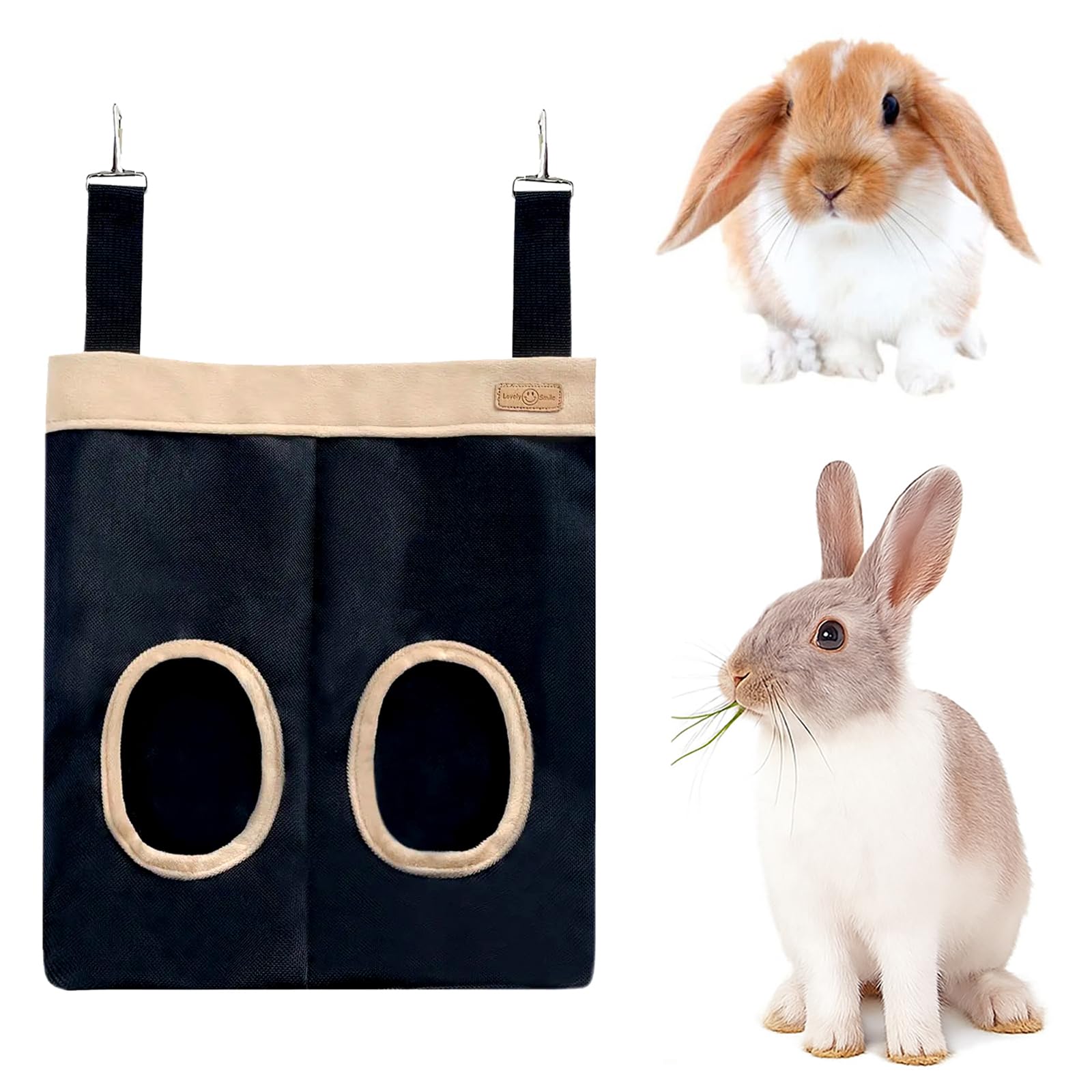 Rabbit Hay Feeder Bag for Guinea Pigs and Chinchillas | Chew Proof Washable Oxford Cloth Hay Rack, Timothy Hay Holder, Hanging Double Hole Black Oxford Cloth