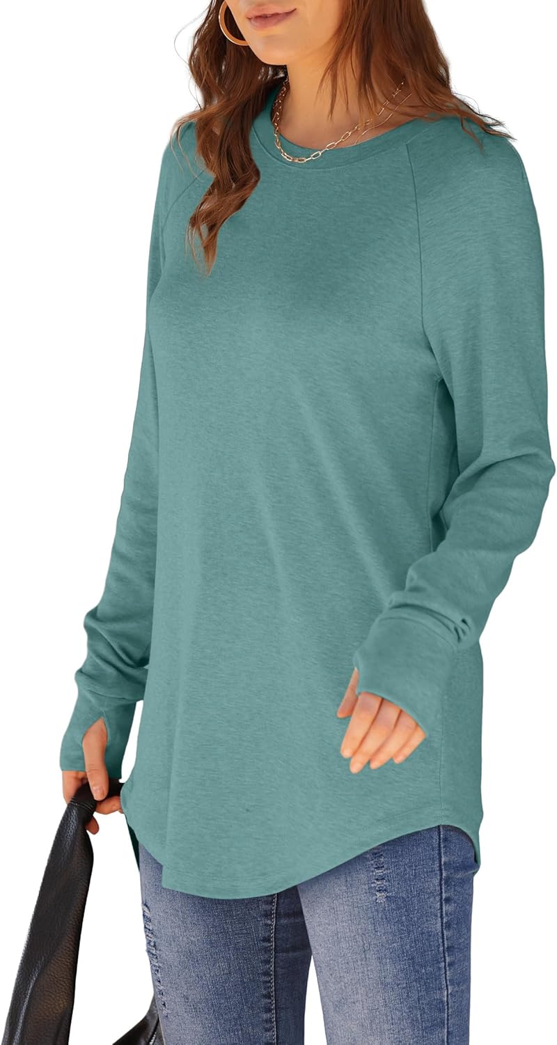 XIEERDUO Womens Tunic Tops to Wear with Leggings Long Sleeve Thumb Hole Shirts Crew Neck Curved Hem - Image 3