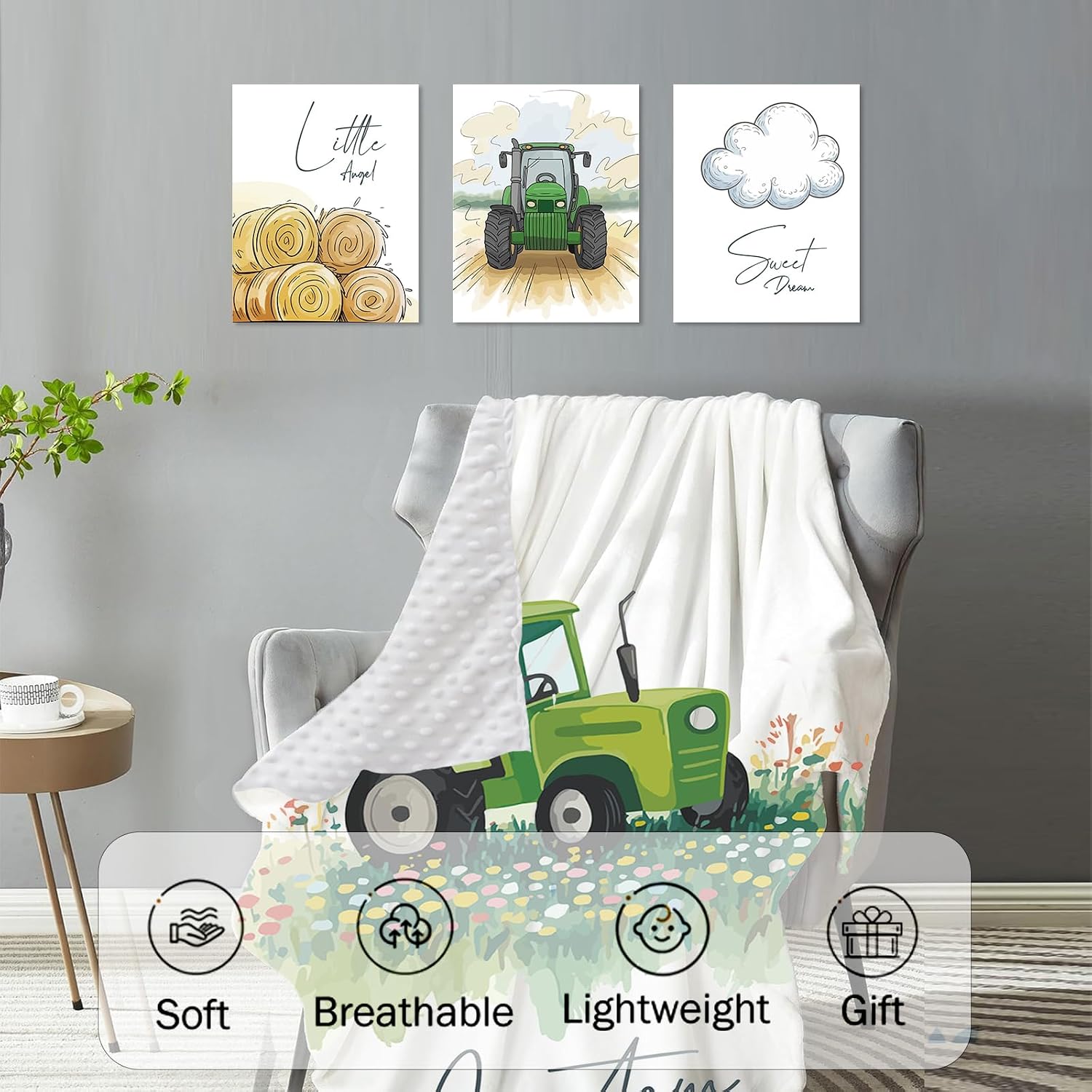 Personalized Crib Bedding Set for Baby Boys, Custom Name Nursery Bedding 4 Pcs Set - Baby Blanket, Fitted Sheet, Room Rug & Wall Art, Tractor Pattern Crib Set for Nursery Decor