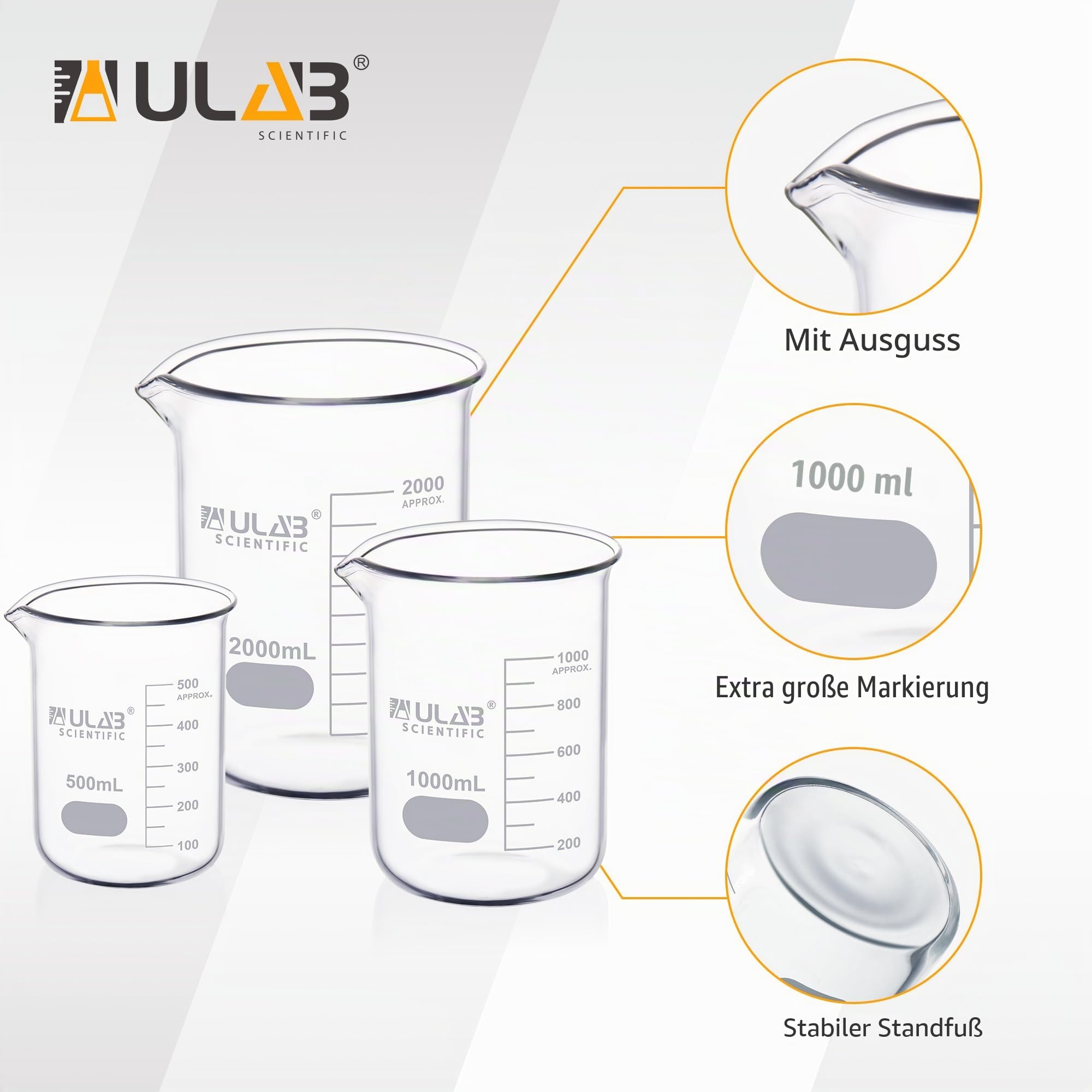 ULAB Scientific Glasbecher Set, 3 Größen von Vol. 500 ml, 1000 ml, 2000 ml, 3.3 Borosilikat Griffin, niedrige Form mit gedruckter Skala UBG1028