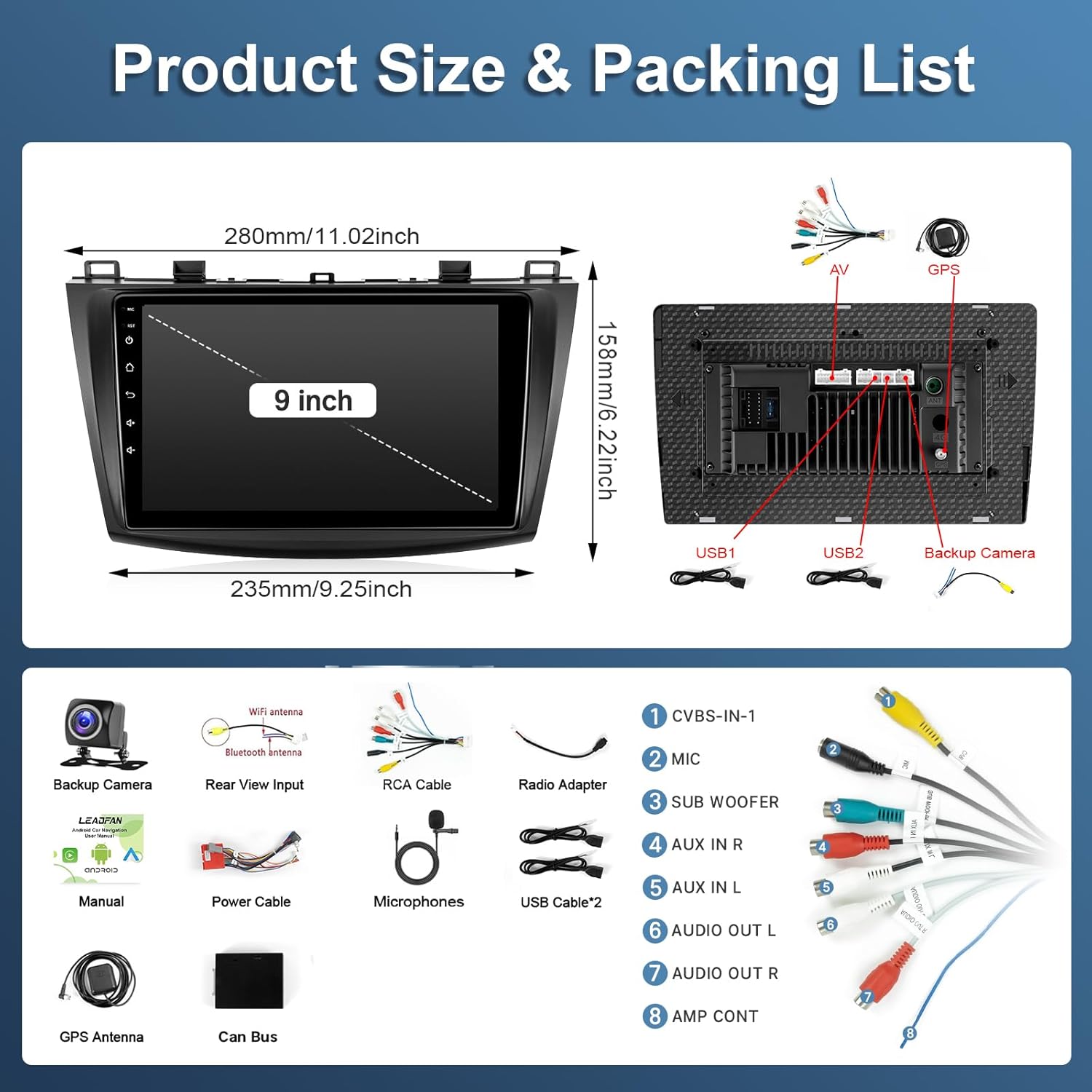 Car Radio for Mazda 3 2009 2010 2011 2012 2013 with Wireless Carplay Android Auto,9 Inch Touch Screen, Bluetooth,GPS,WiFi,SWC,Backup Camera