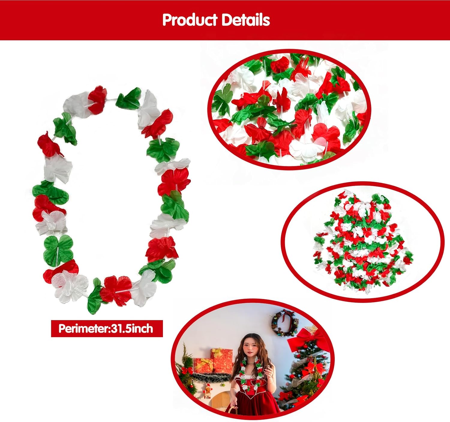 100 Pack Christmas Red Green White Hawaiian Flower Leis Necklaces For Christmas Party Favors, Holiday Decoration