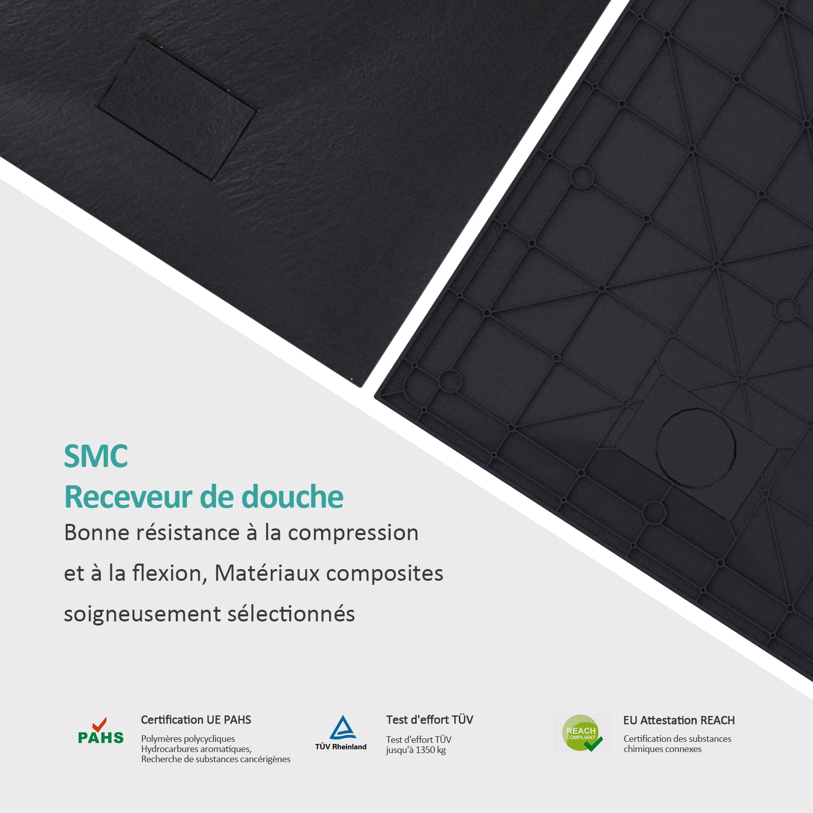 EMKE Receveur de douche, 90 x 90 cm,Noir | plat antidérapant SMC receveur de douche coupé sur mesure