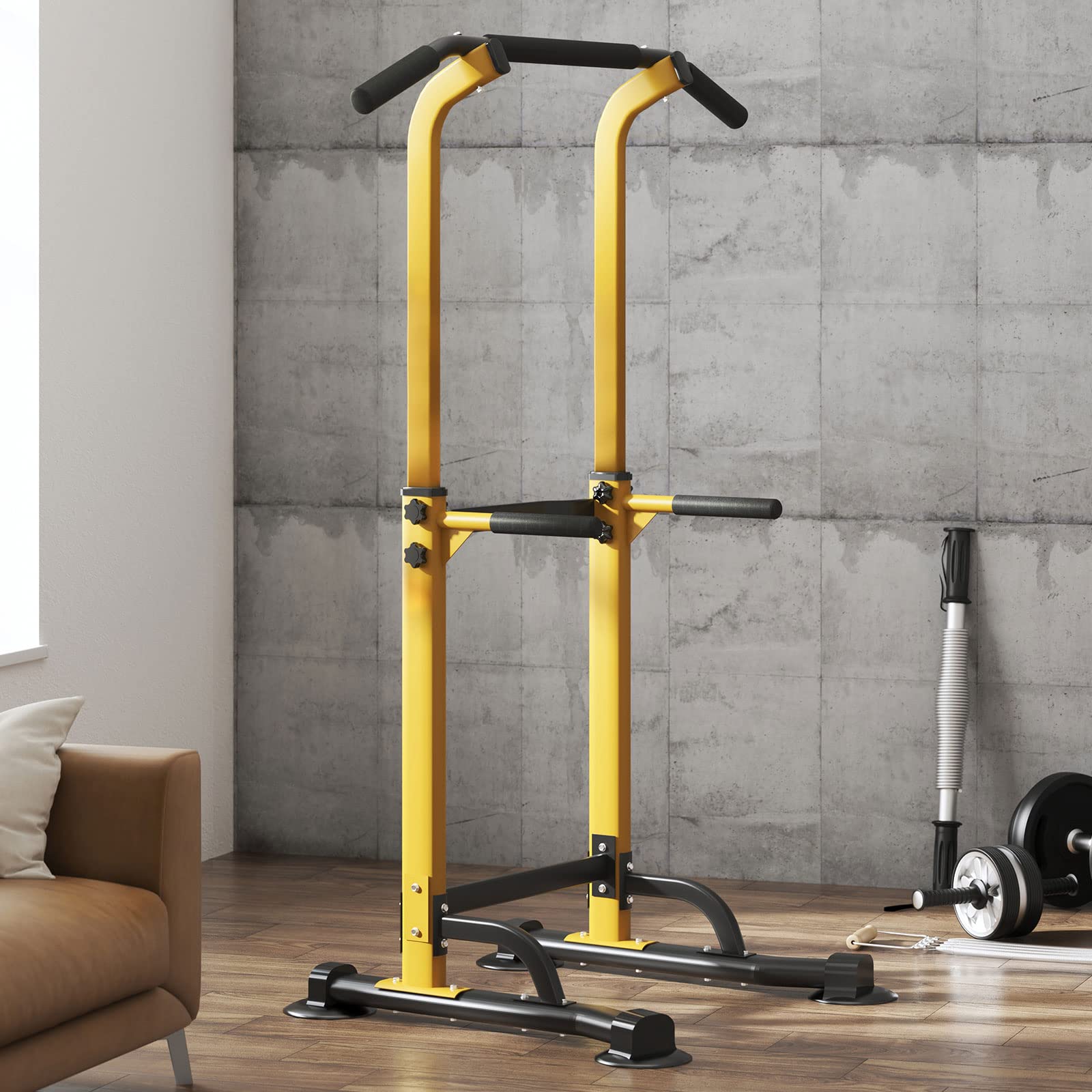 DlandHome Power Tower Estación de Fondos Barra de Tracción o Estación de Musculación Ajustable, Silla Romana para Dips con Barra para dominadas Amarillo/Negro