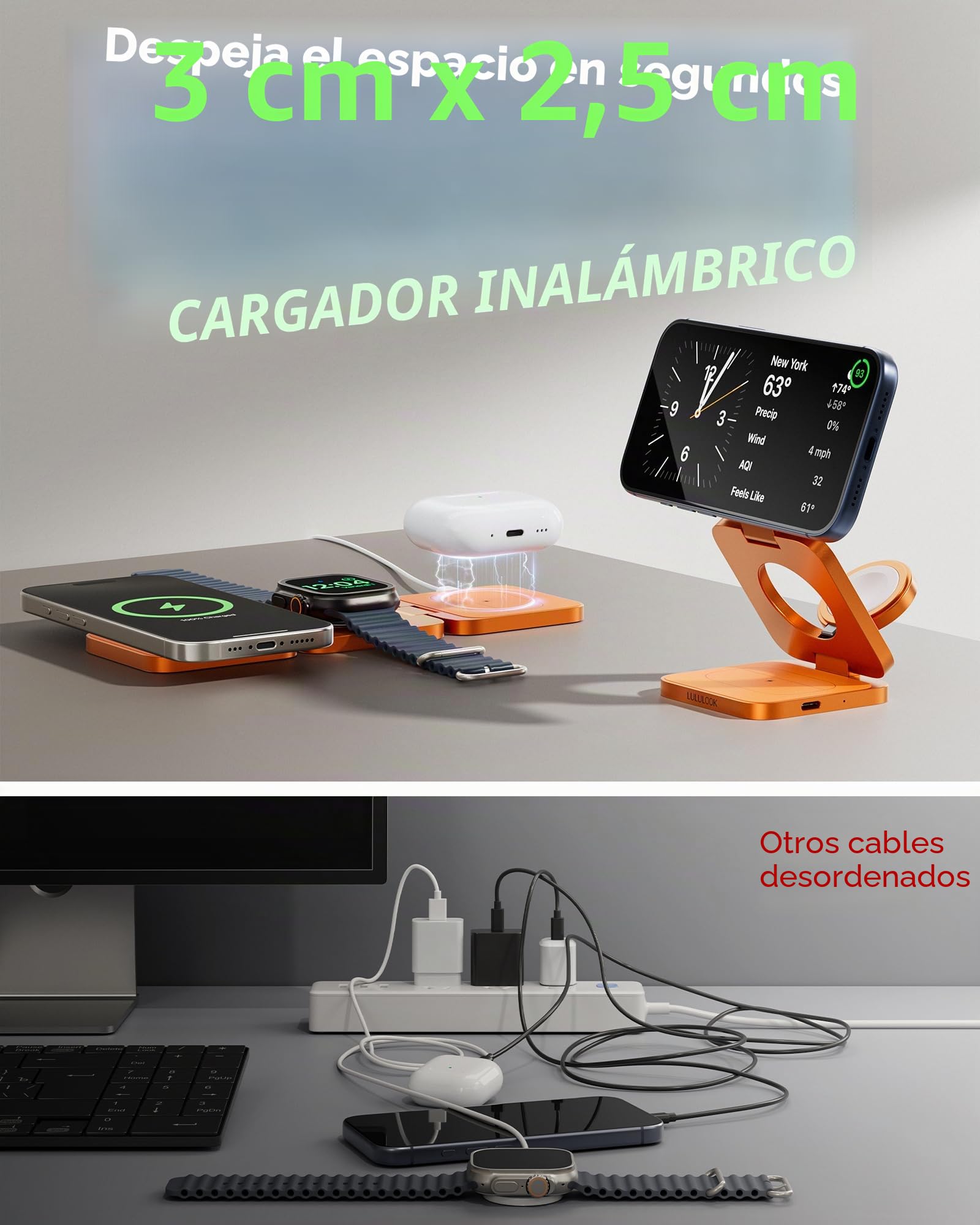 LULULOOK Cargador inalámbrico Qi2.2 de 25W Estación de Carga magnética 3 en 1 para iPhone 17/16/15/14/13/12,Apple Watch,AirPods,Plegable Aluminio Soporte de Carga rápida con Adaptador GAN de 45W