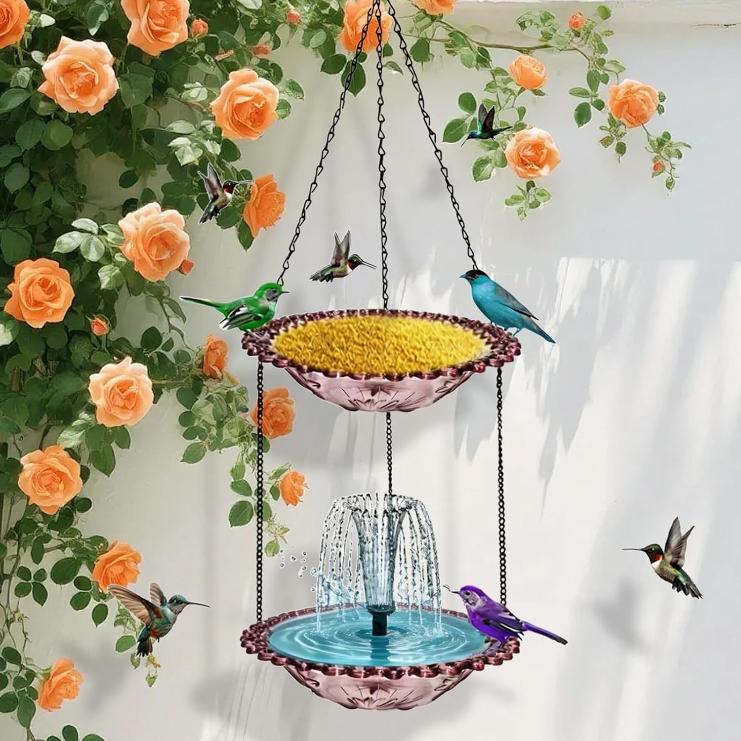 Genérico Bird Fountain with Solar Panel, Weatherproof with Waterfall and Food Tray, Solar Bird Bath Fountain, for Patio Garden Pool Terrace Home Landscaping