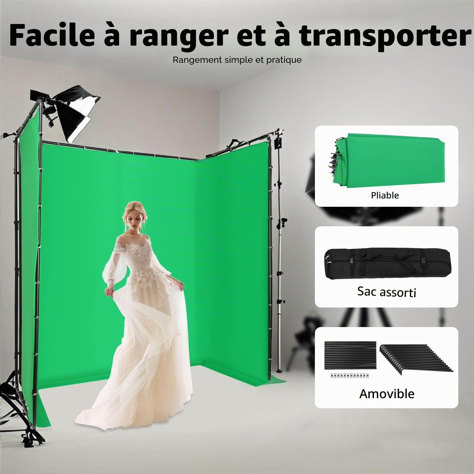 Fond Vert Professionnel 4 x 2.4 m, Fond Vert avec Support Réglable et Tissu, Kit Photo Pliable, Toile de Fond avec Sac de Transport, pour la Photographie, l'enregistrement Vidéo