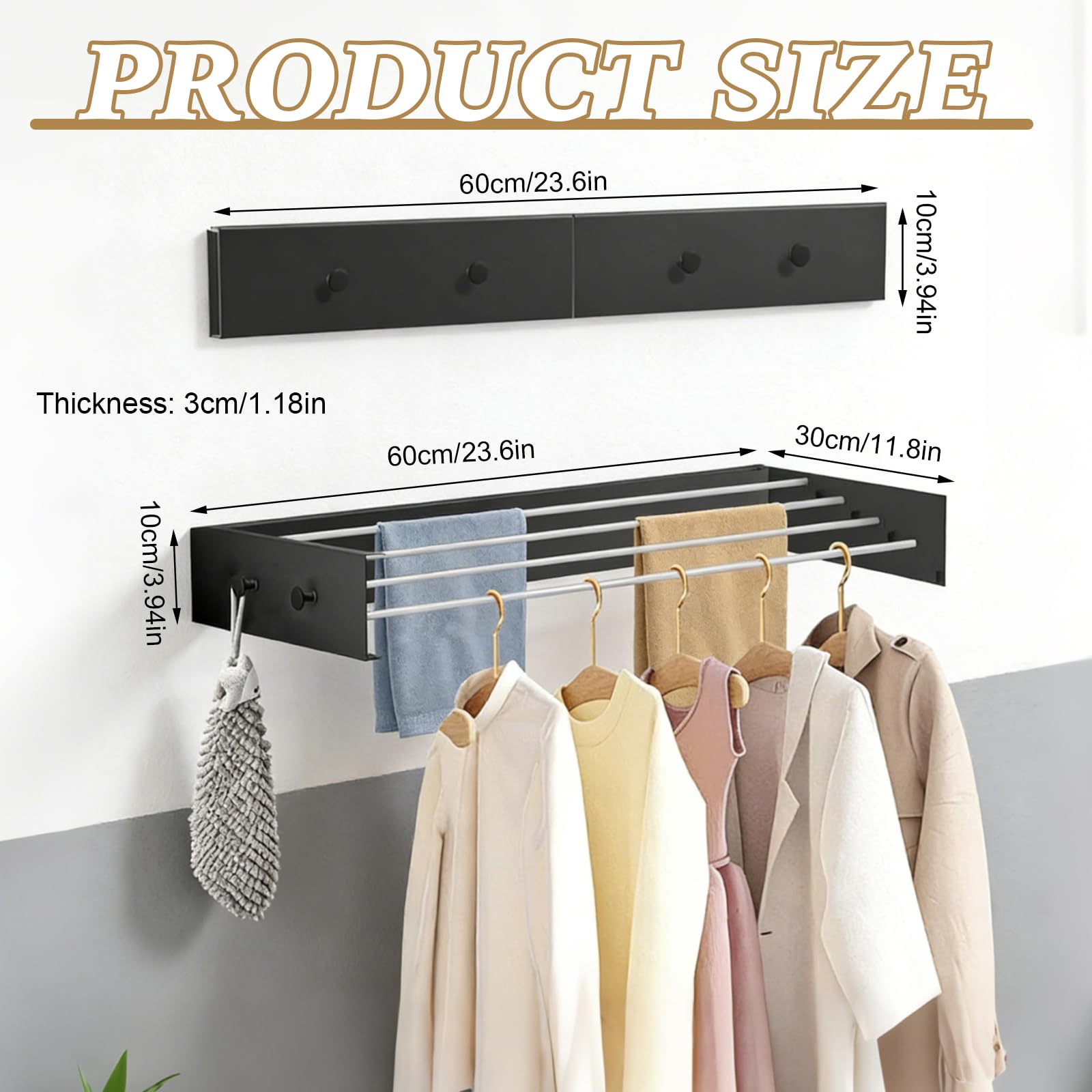 Séchoir à linge mural avec crochets de mise à niveau, simple, pliable, pour l'intérieur ou l'extérieur, extensible pour balcon, 60 cm avec 4 crochets, noir