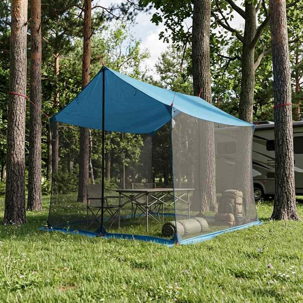 Tarp kempingowy ze ścianami z siatki niebieski 270 x 210 x 210 cm | Wodoodporny dach, drzwi z zamkiem błyskawicznym, regulowana wysokość, stabilna instalacja, do hamaka i dmuchanego materaca