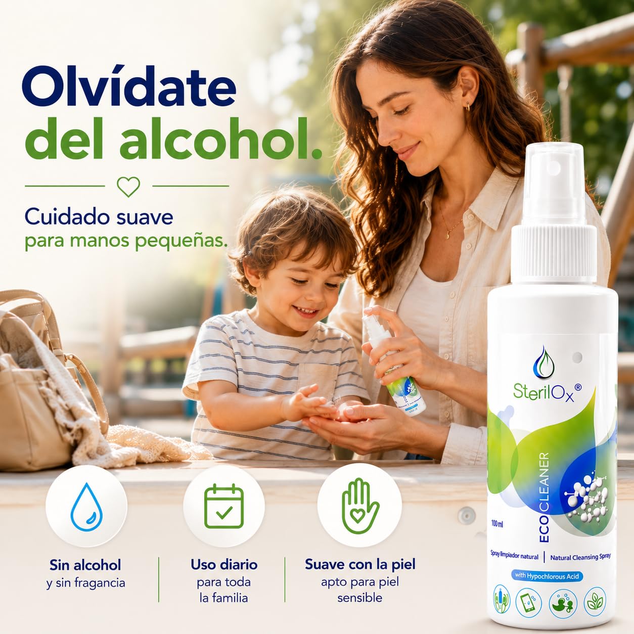 Spray Natural para la Piel y Accesorios – Con Ácido Hipocloroso (HOCl) – Sin Alcohol ni Perfume – Suave y Seguro para Bebés, Niños y Piel Sensible – 100 ml