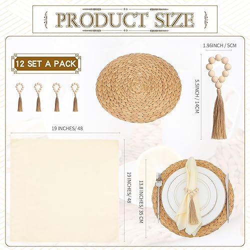 Miniatura 8 de Gejoy Manteles individuales tejidos bohemios con cuentas de madera y servilletas de tela redonda de jacinto de agua resistentes al calor, anillos de