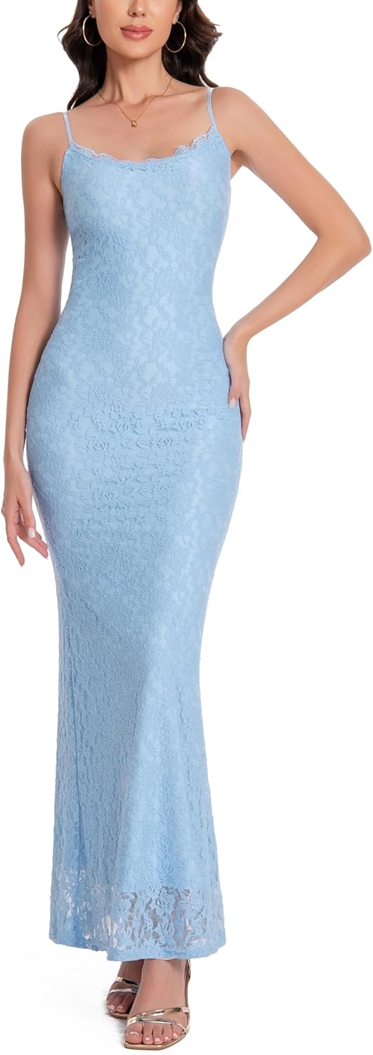 Women's Lace Maxi Dress Spaghetti Strap Slim Fit Sleeveless Gown with Lace Bust for Evening & Party