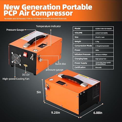 Miniatura 7 de Compresor de aire PCP, 4500 psi30 Mpa, alimentado por 110 V CA  12 V CC, parada manual, sin aceitesin agua, ventilador de refrigeración integrado,