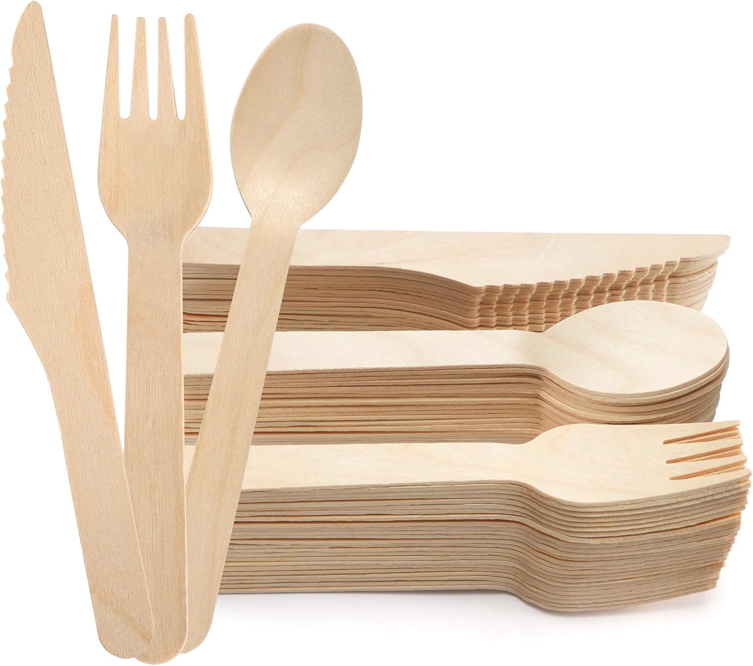 LotFancy Disposable Cutlery Set, 200Pcs Wooden Compostable Utensils (100 Forks, 50 Spoons, 50 Knives) Eco-Friendly Forks And Spoons Silverware