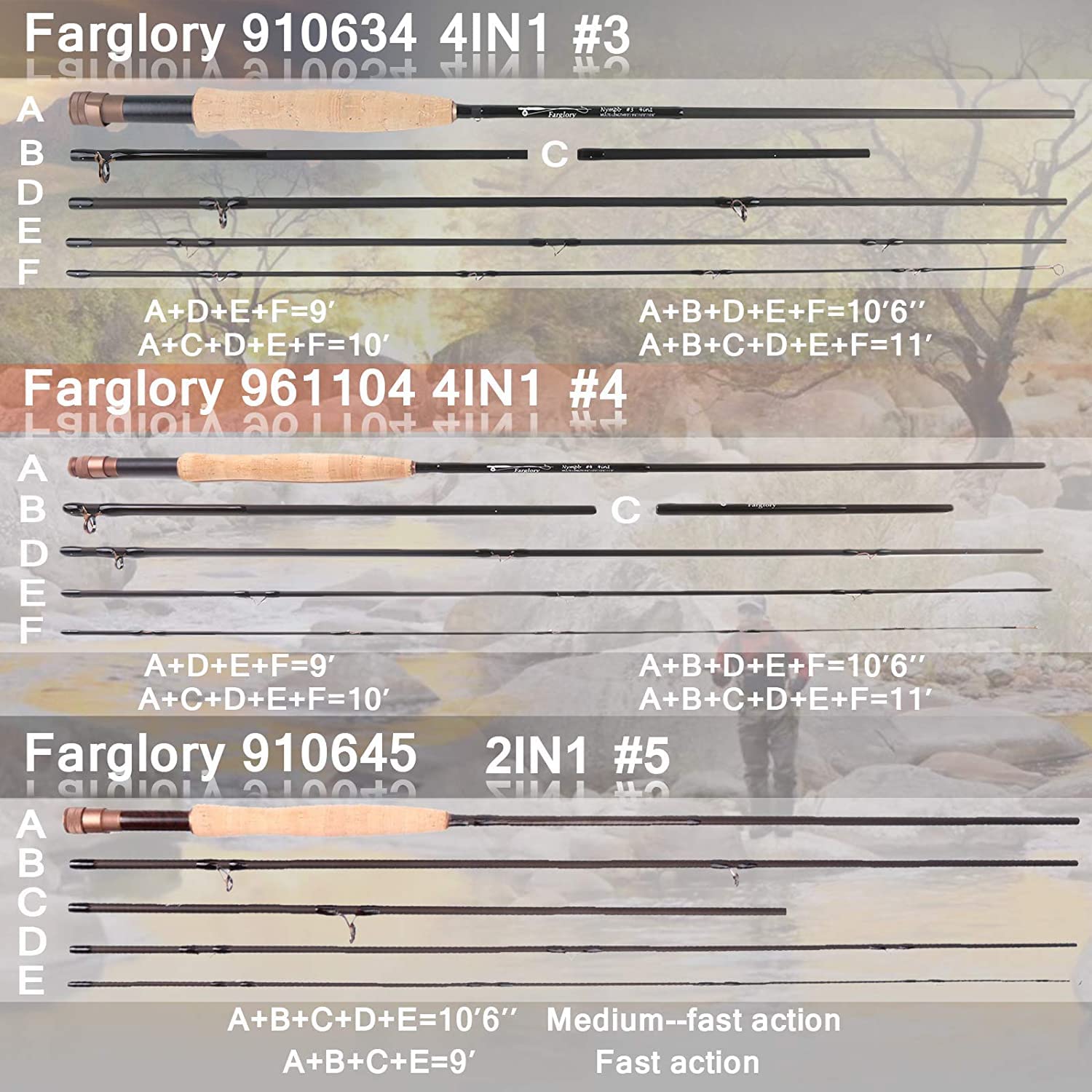 MAXIMUMCATCH Farglory Nymph Rute 4 in 1(Euro/tschechischer Nymphenstil), AAA Kork Handgriff, in #3#4#5 9'0"- 11'0''