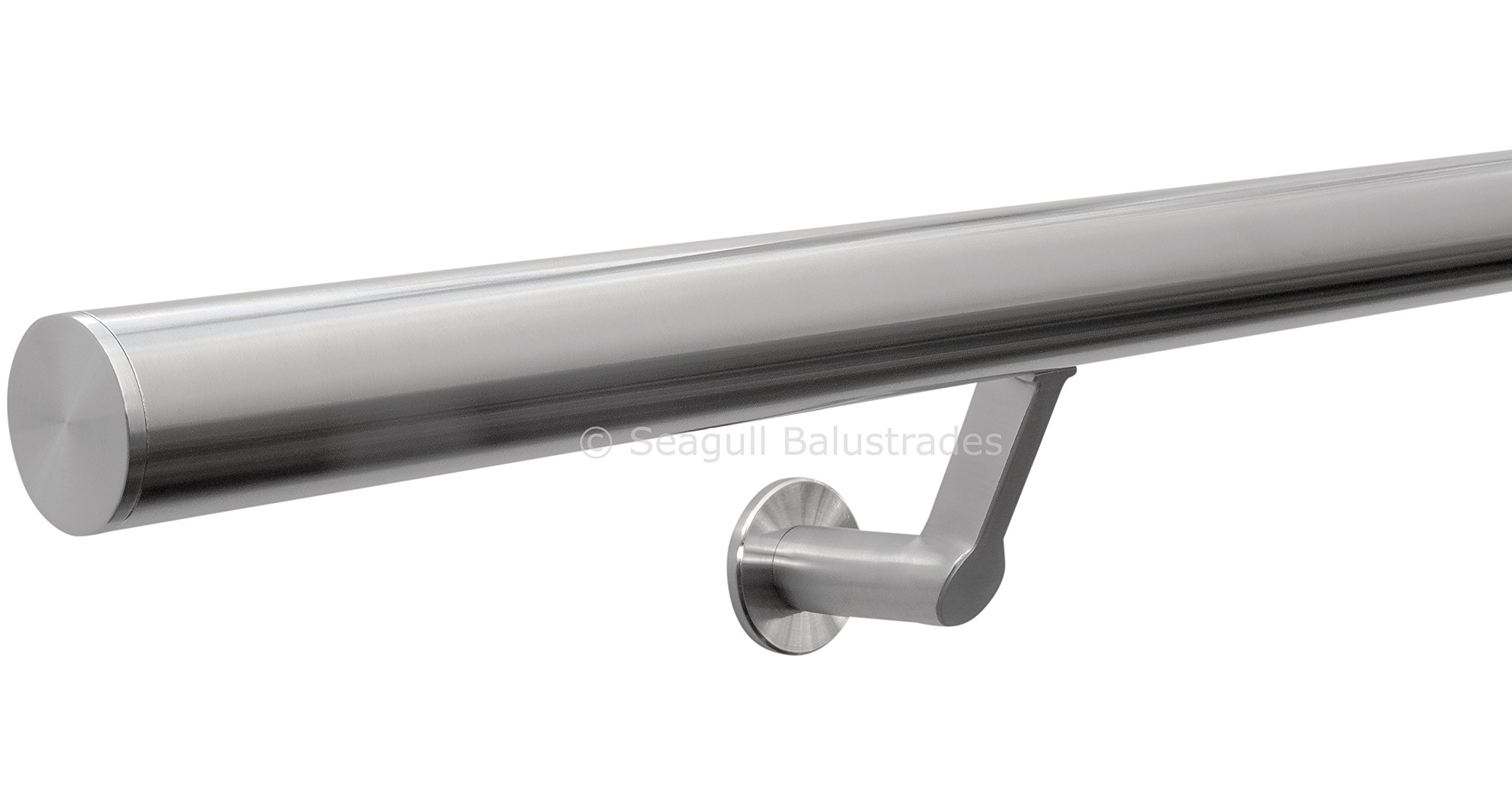Seagull Balustrades Stainless Steel Handrail for Stairs - 320-Grit, Satin Brushed Polished - Pre-Assembled with Contemporary Wall Brackets - Select Length - Classic Plain Flat End Caps - Made in UK